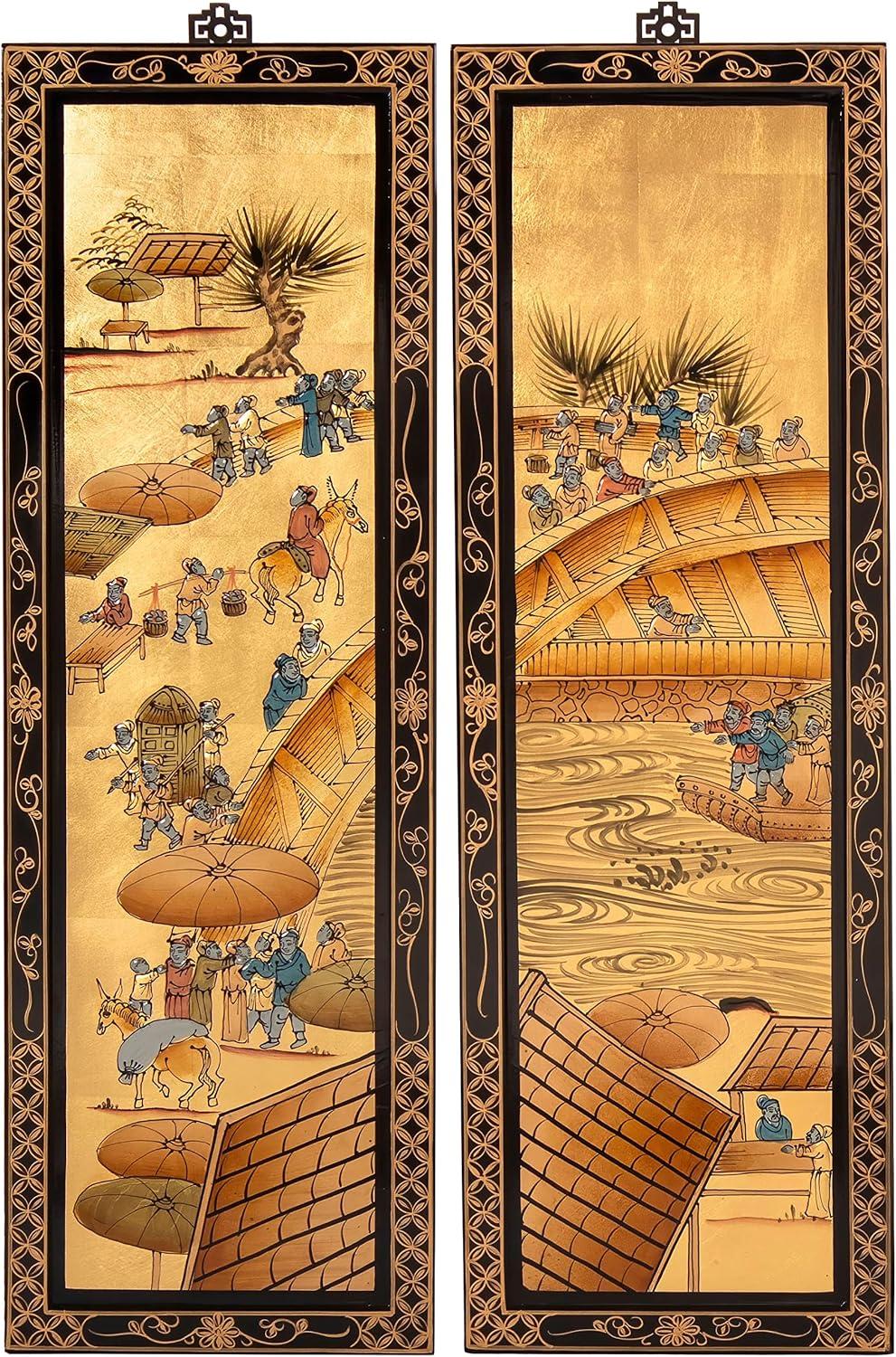 Oriental Furniture Gold Lacquer Wall Screen Ching Ming