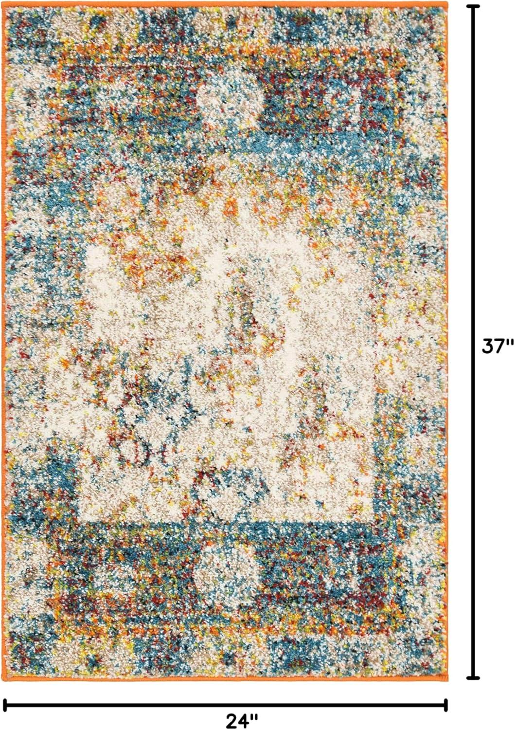 Rectangular Blue and Brown Synthetic Stain-Resistant Indoor Rug