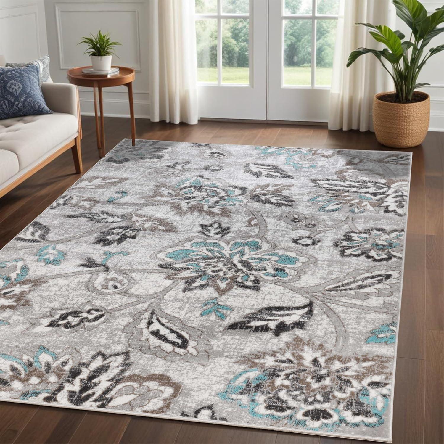 Superior Jacobean Floral Indoor Area Rug, 5' x 8', Stone