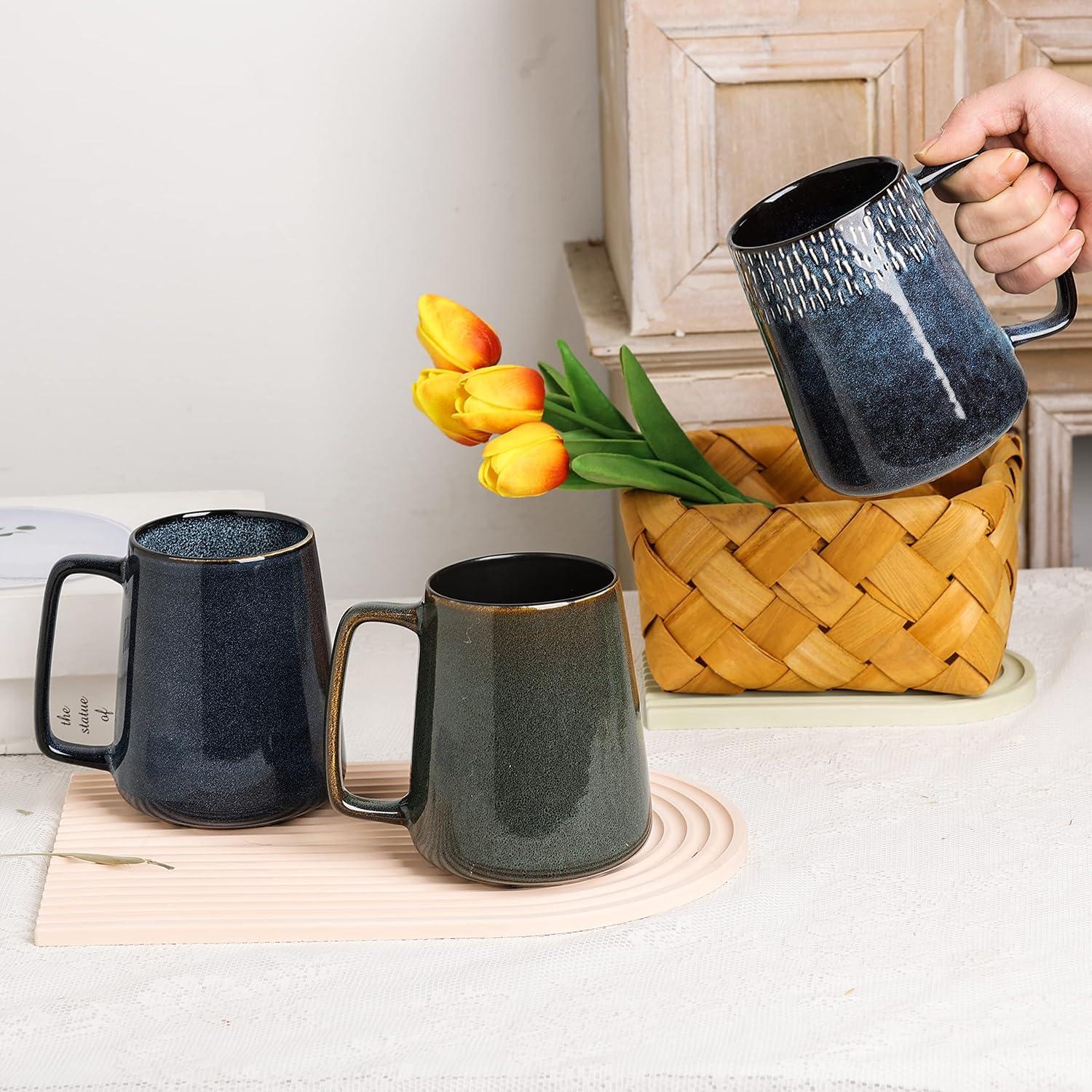 Extra Large Ceramic Coffee Mug with A Big Handle,Jumbo Tea and Coffee Cup for Office and Home,With Spoon and Wooden Lid,Dishwasher and Microwave Safe(Green)