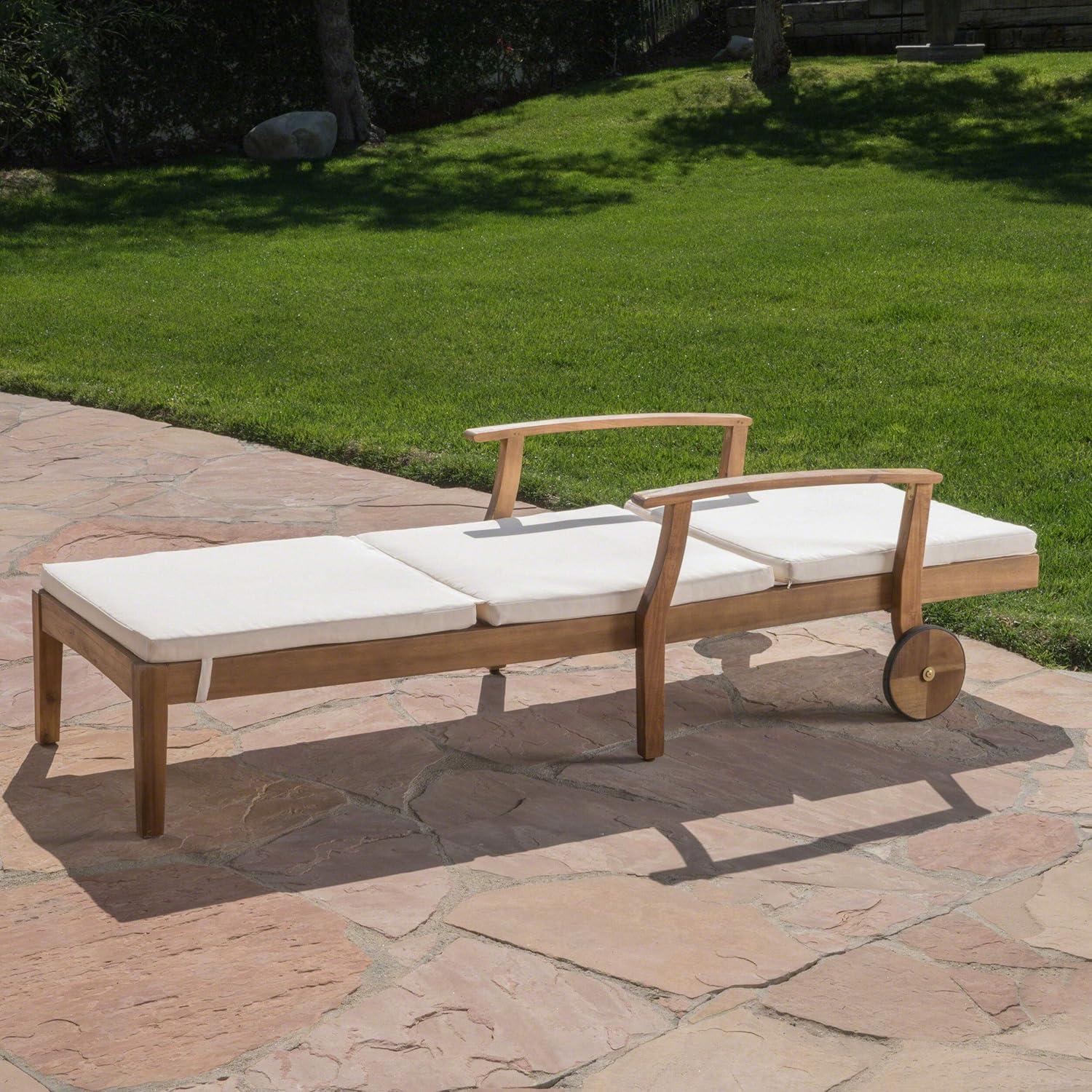 Teak Finish Acacia Wood Chaise Lounge with Cream Cushion