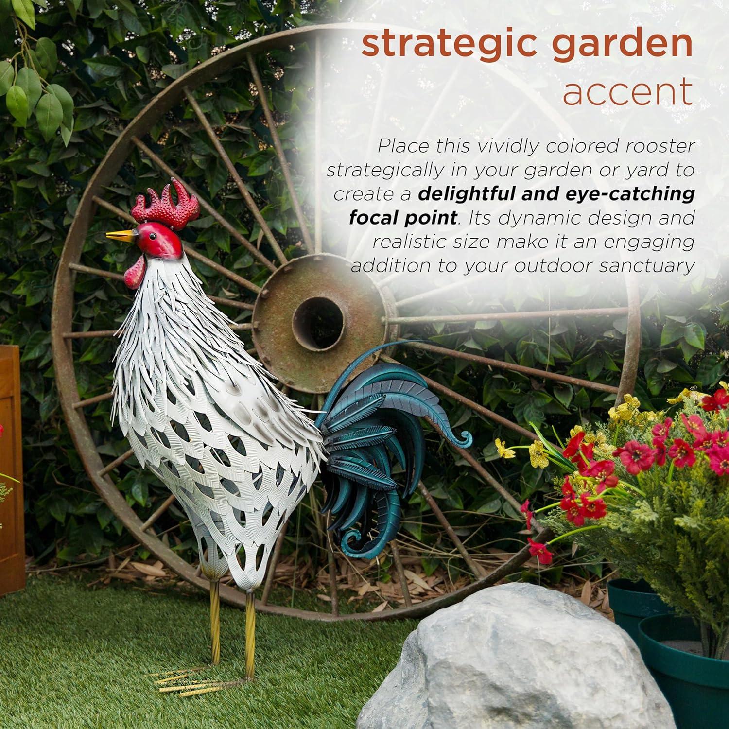 Lifelike White and Red Metal Rooster Garden Statue