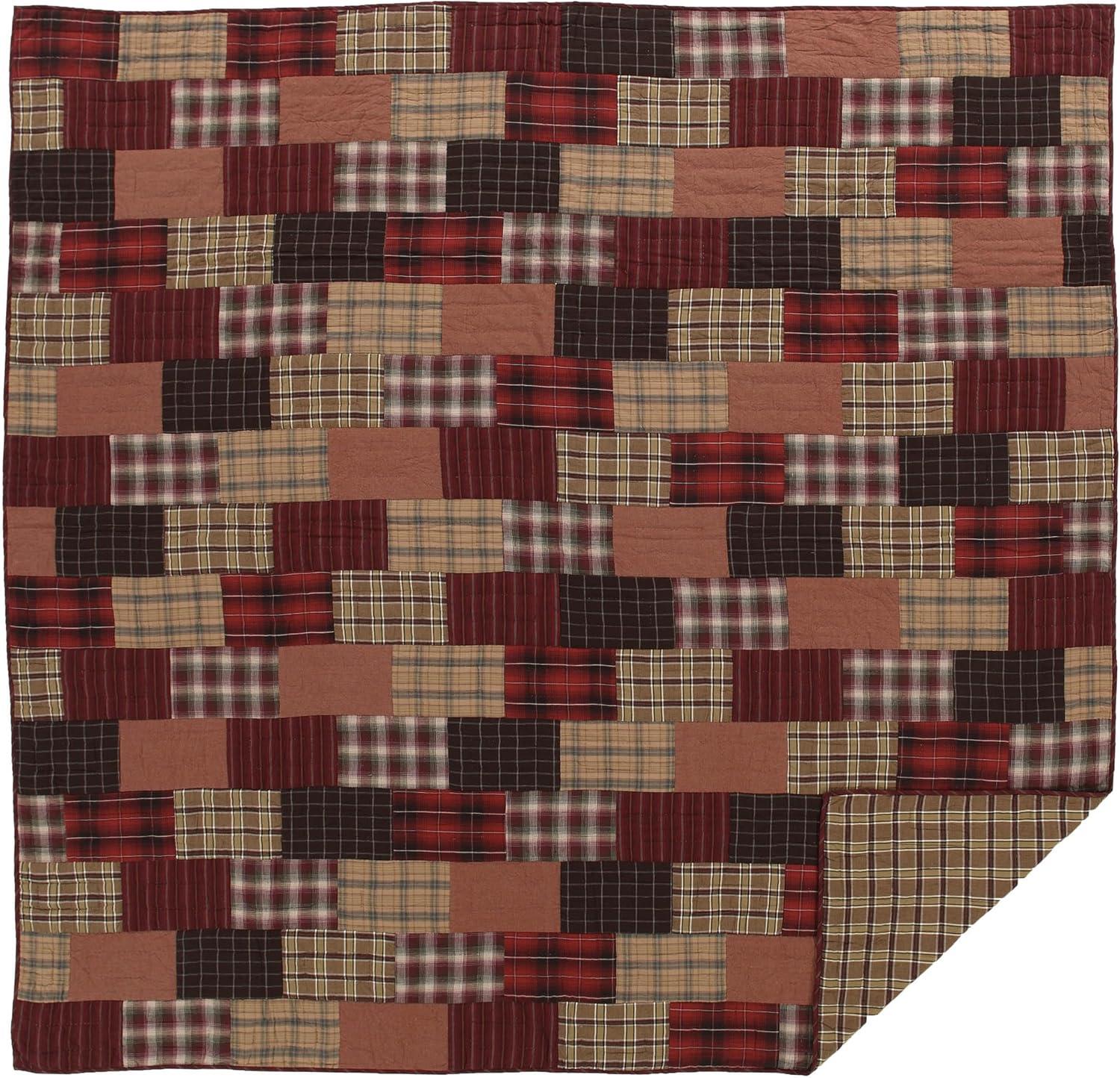 VHC Brands Wyatt Plaid Cotton Rustic Pre-Washed Square Quilt Sham Queen Bedding Accessory, Set, Patchwork Tan