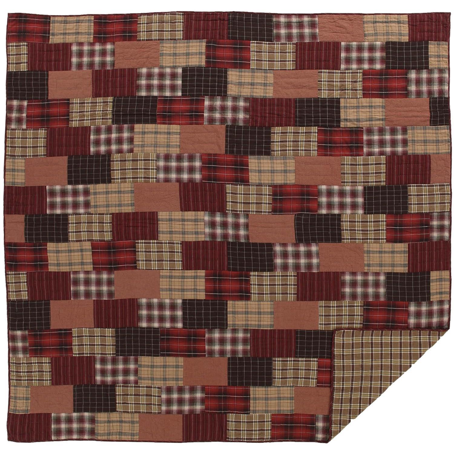 VHC Brands Wyatt Plaid Cotton Rustic Pre-Washed Square Quilt Sham Queen Bedding Accessory, Set, Patchwork Tan