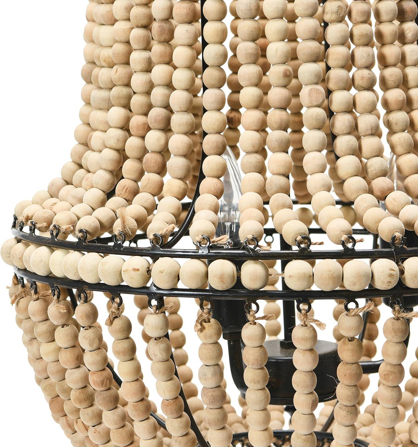 Natural Wood Bead Chandelier with Brushed Metal Frame