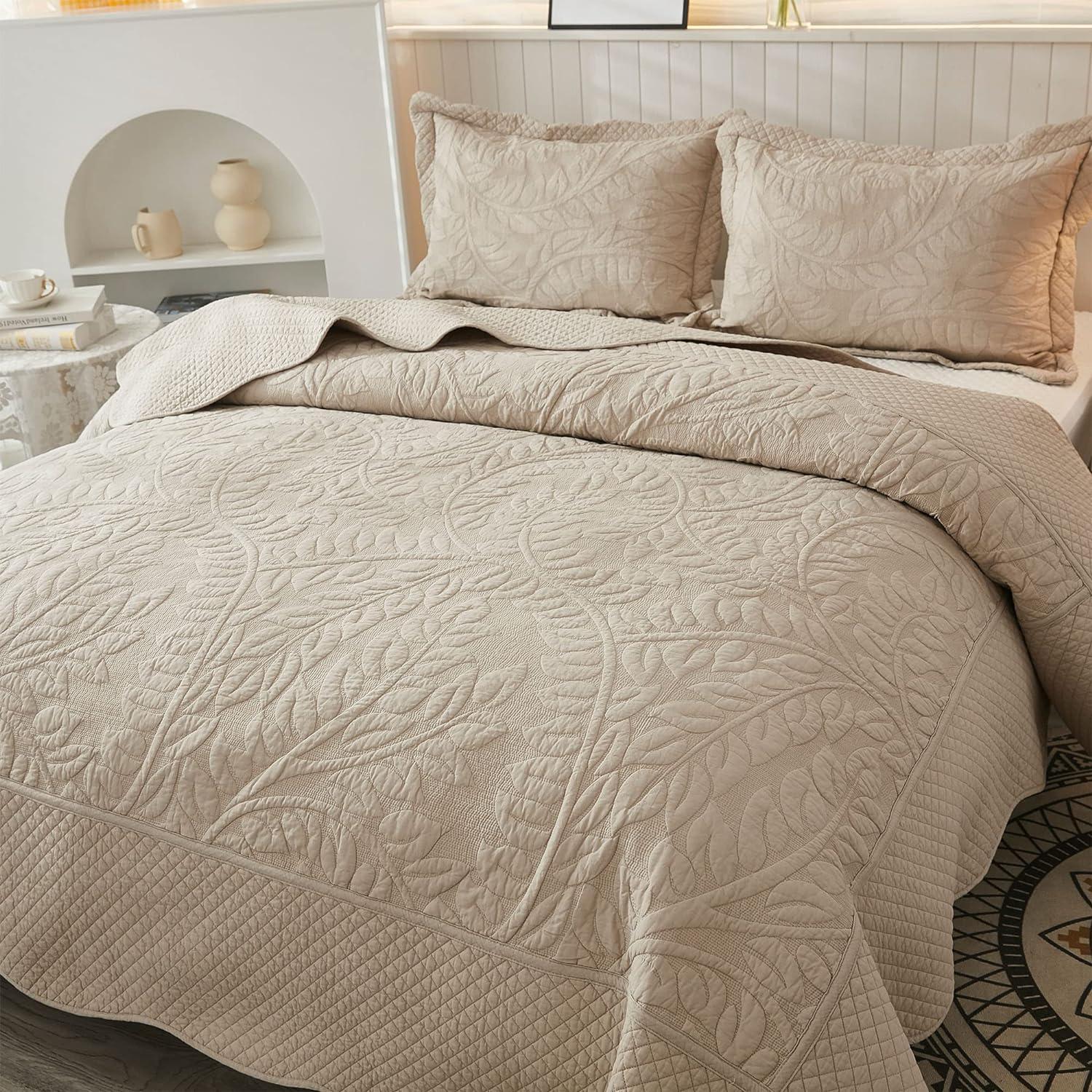 MarCielo  3 Piece Cotton Oversized Bedspread Quilt Set Tmonica Natural Beige - Oversized King