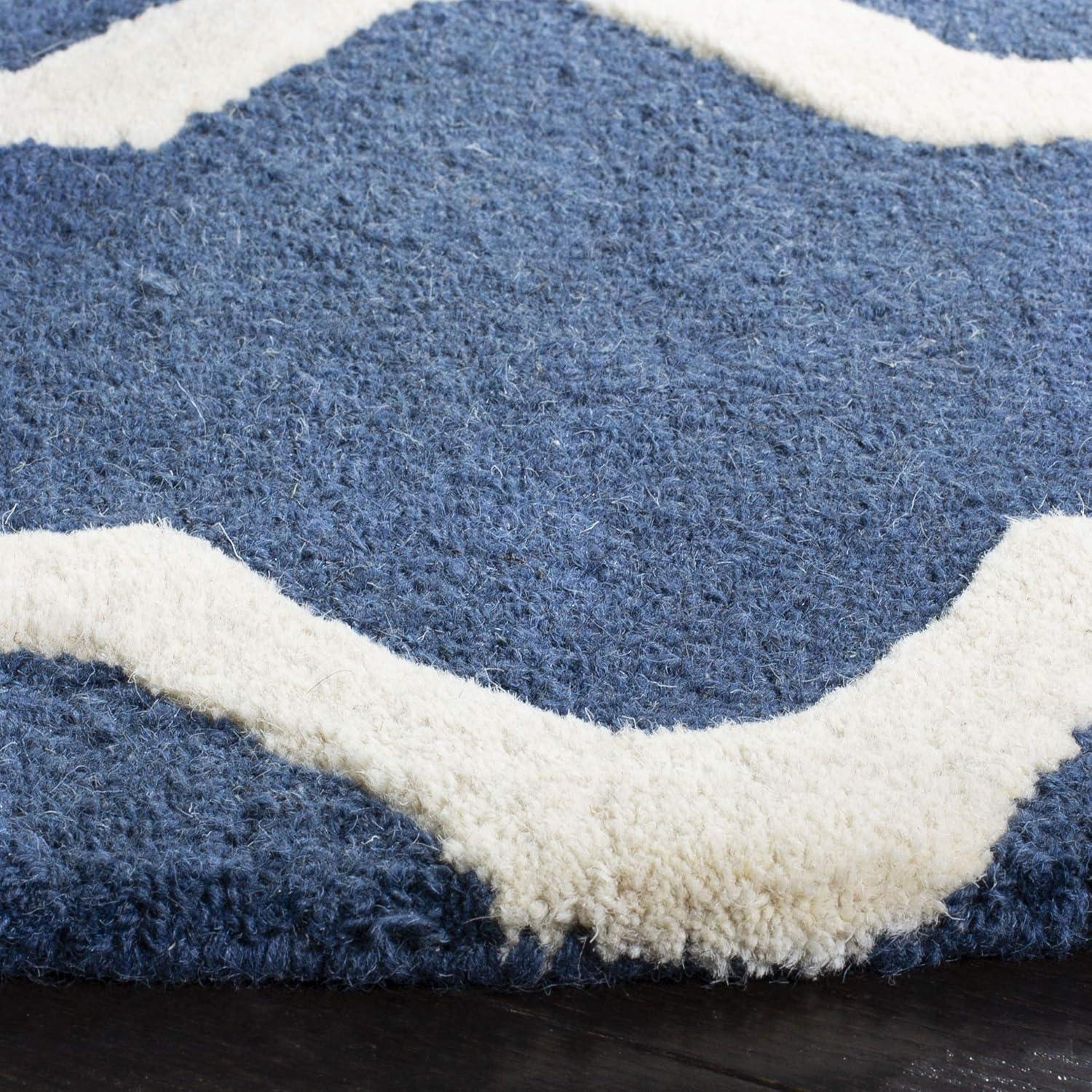 Ivory and Navy Blue Hand-Tufted Wool Round Area Rug