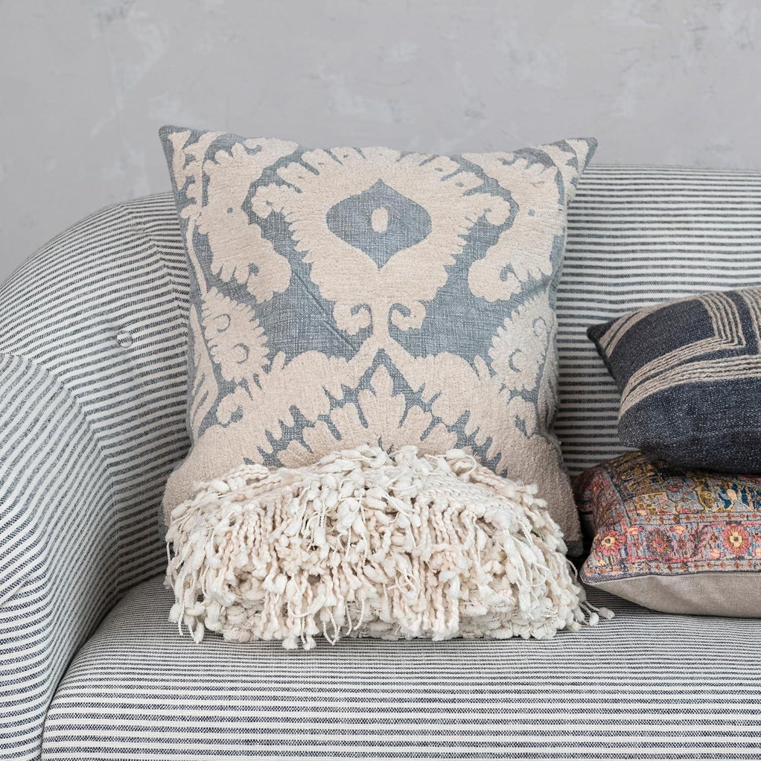 Creative Co-Op Square Cotton Slub Tufted Pillow with Damask Pattern and Chambray Back, Blue and Cream