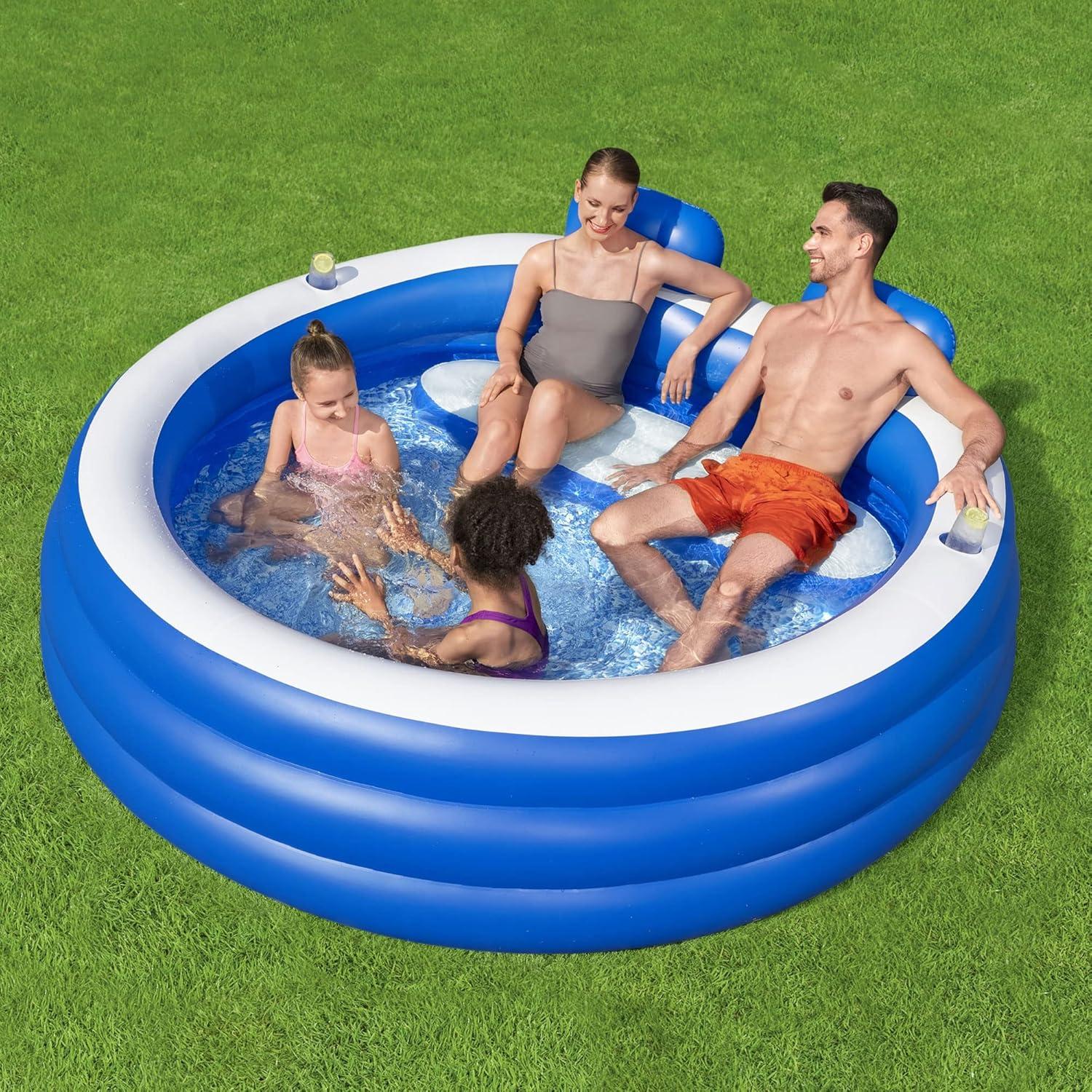 H2OGO! Splash Paradise Outdoor Inflatable Family Swimming Pool with Mosaic Print Floor, Headrests, and Cup Holders, Blue