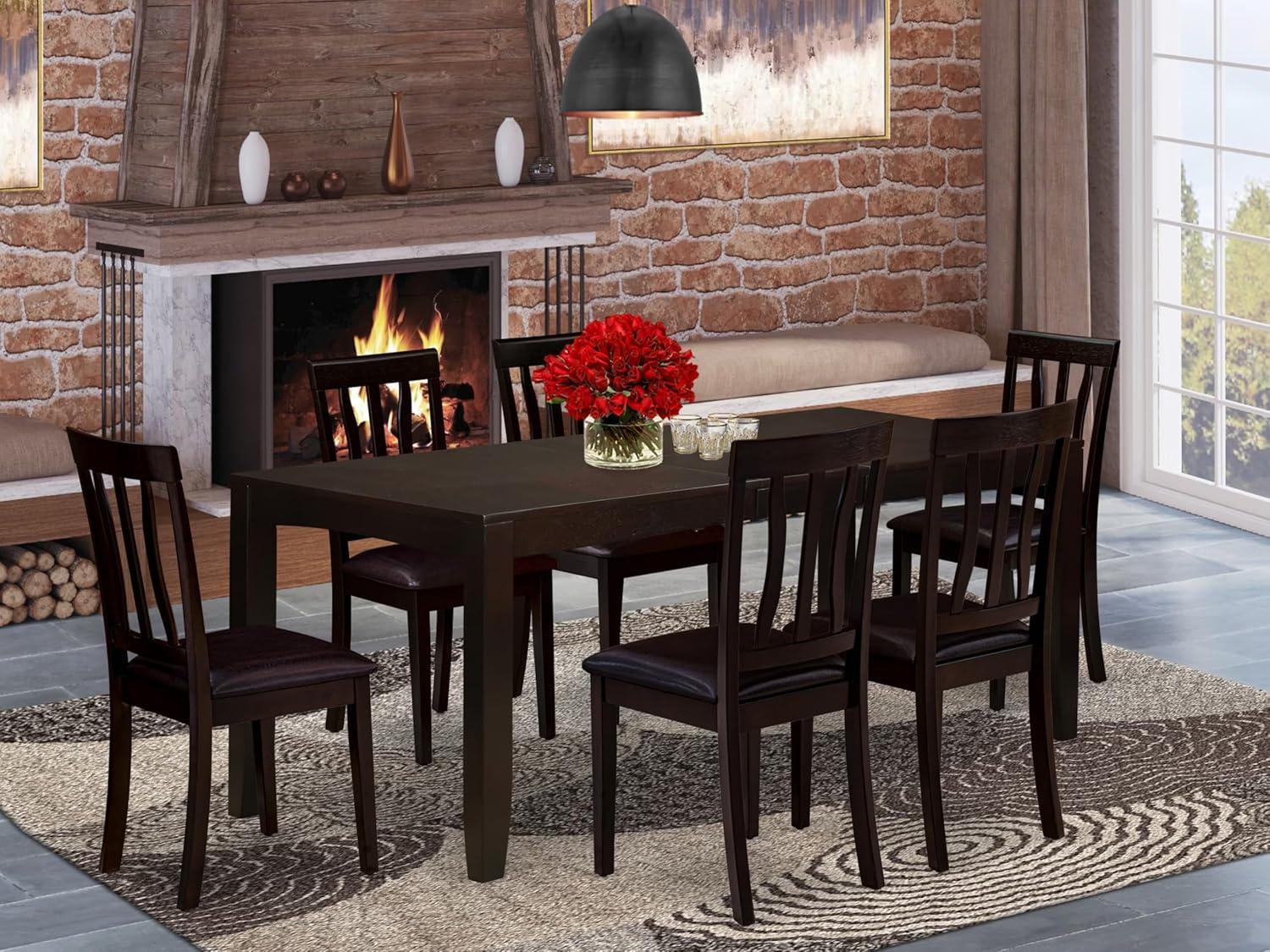 Cappuccino Rectangular 7-Piece Dining Set with Faux Leather Chairs