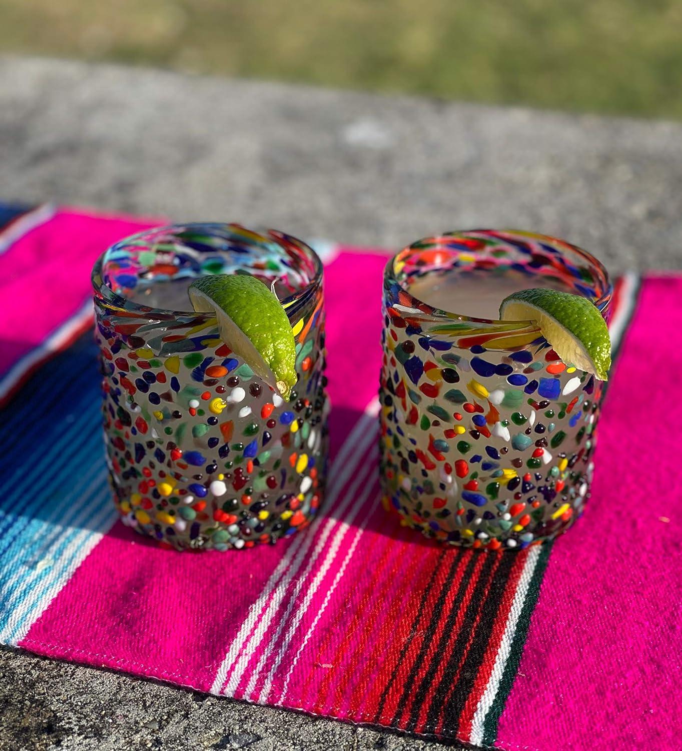 Dos Sueños Dos Suenos Hand Blown Mexican Drinking Glasses - Set of 6 Confetti Rock Tumbler Glasses (10 oz each)
