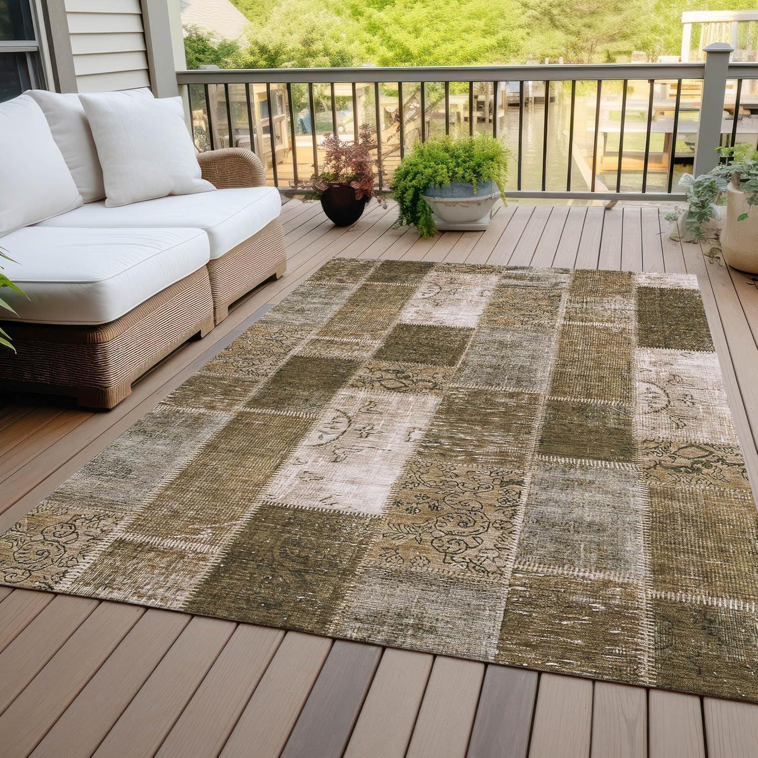 Brown Patchwork Machine-Washable Rectangular Area Rug