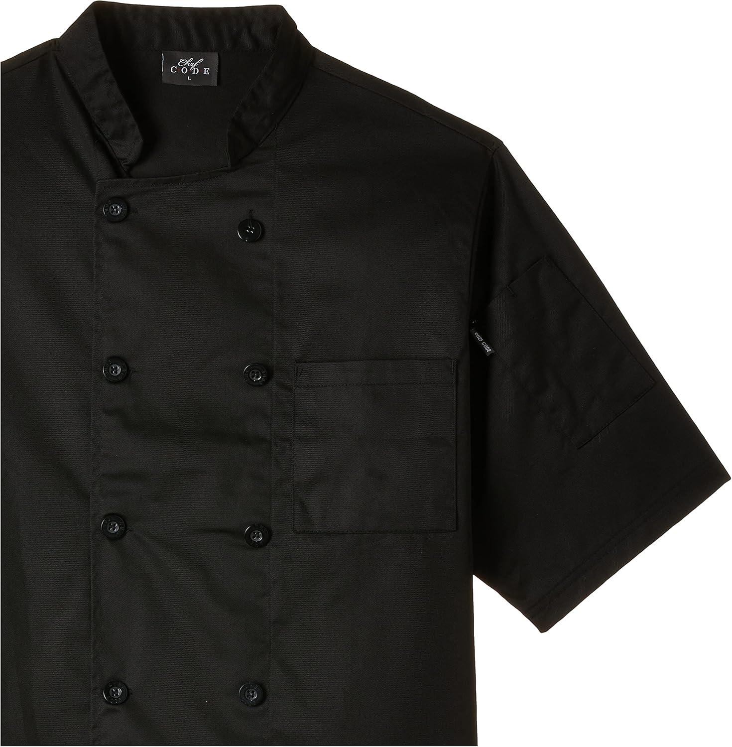 Chef Code Basic Short Sleeve Coat with Pearl Buttons, Chef Jacket Black M