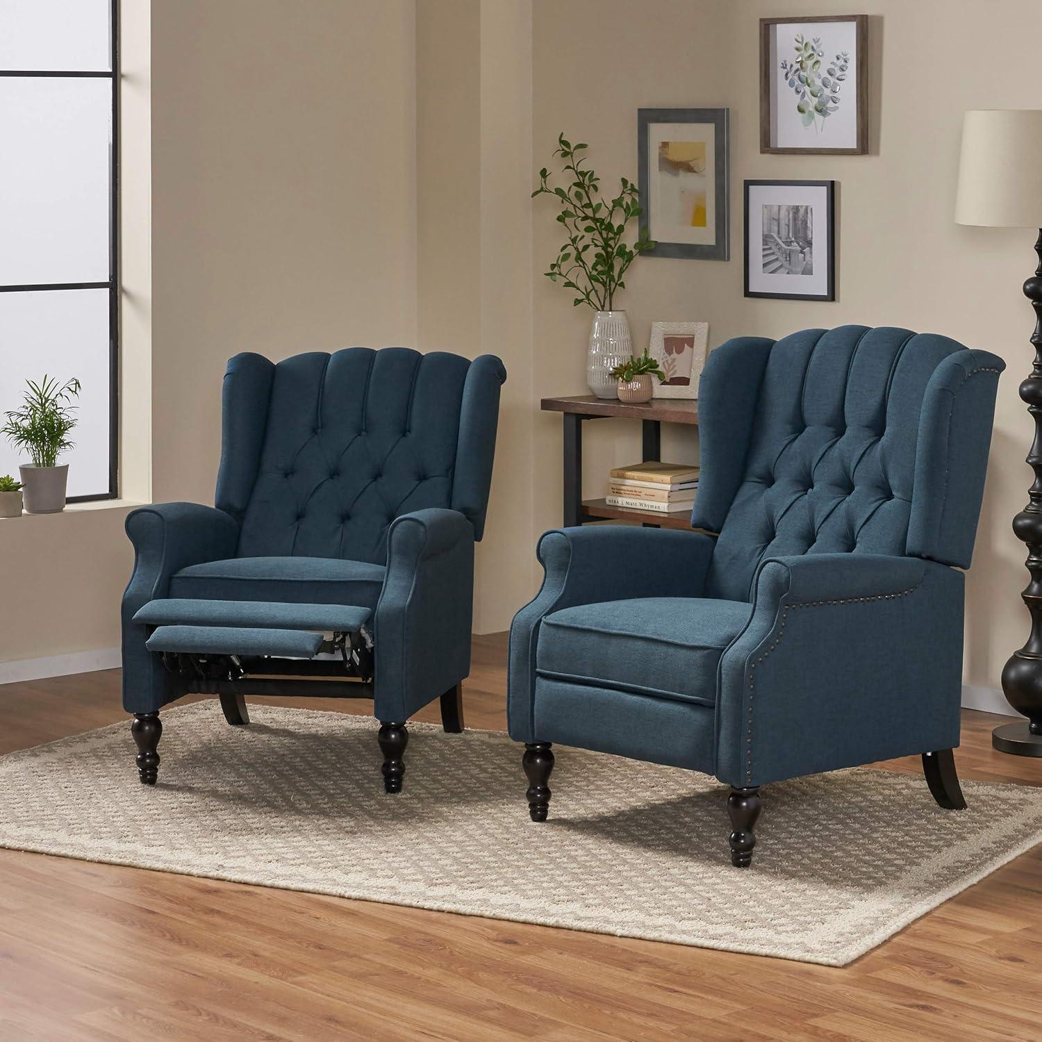 Navy Blue Handcrafted Tufted Fabric Recliners with Dark Brown Legs