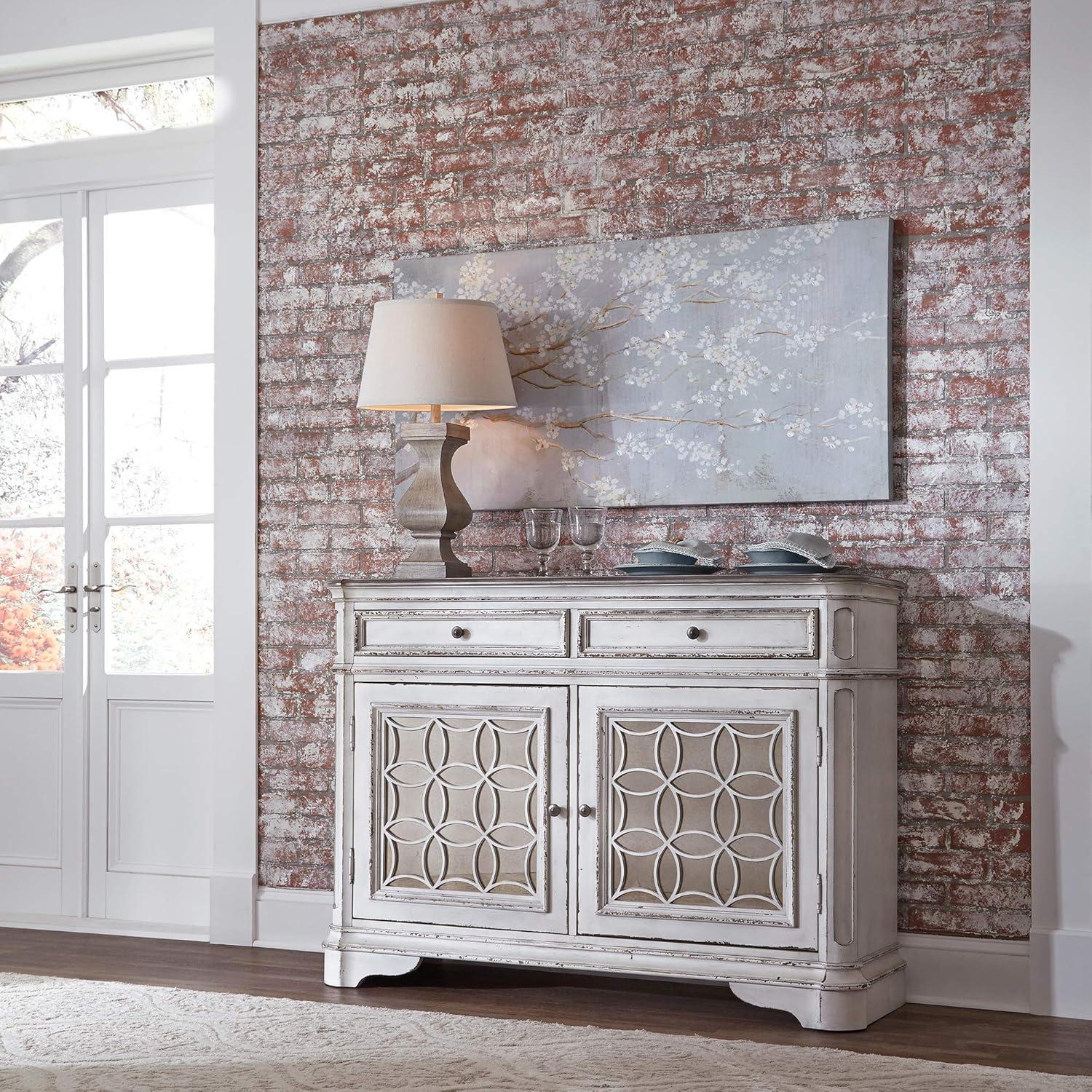 Antique White Mirrored 2-Drawer Traditional Buffet