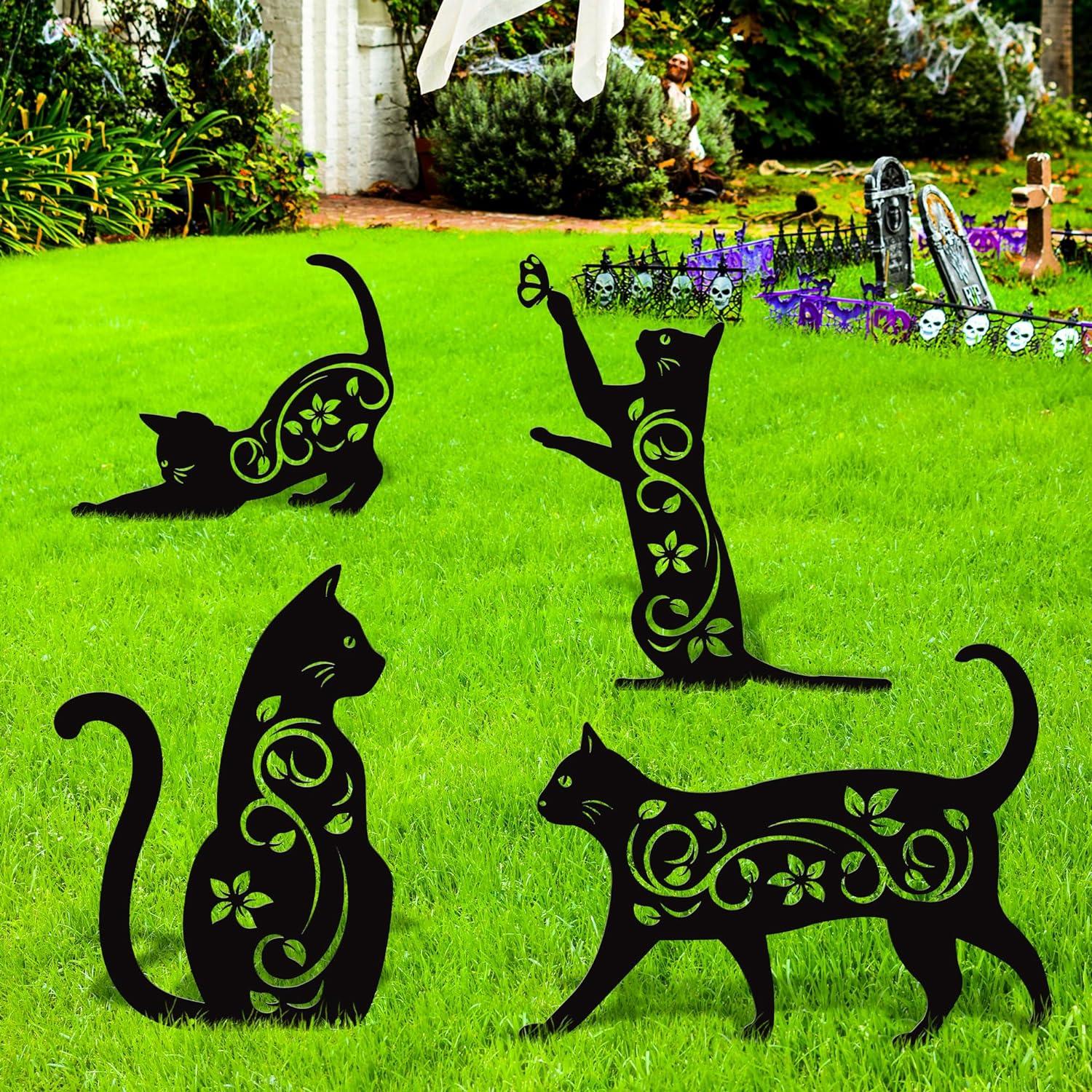 Elcoho 4 Pack Black Cat Silhouette Cute Metal Cat Garden Statues Bird Repellent Cat Decorative Garden Stakes for Yard, Garden, Lawn Outdoor Decorations
