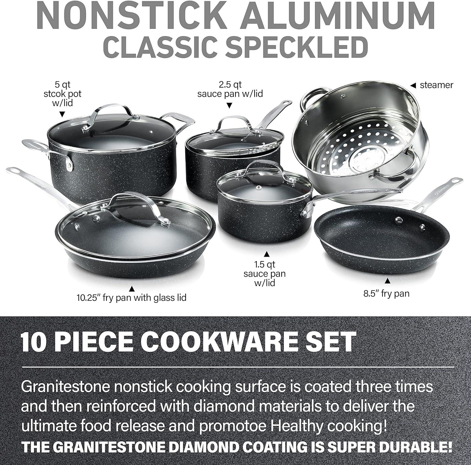 Granite-Coated Black Aluminum 10-Piece Nonstick Cookware Set