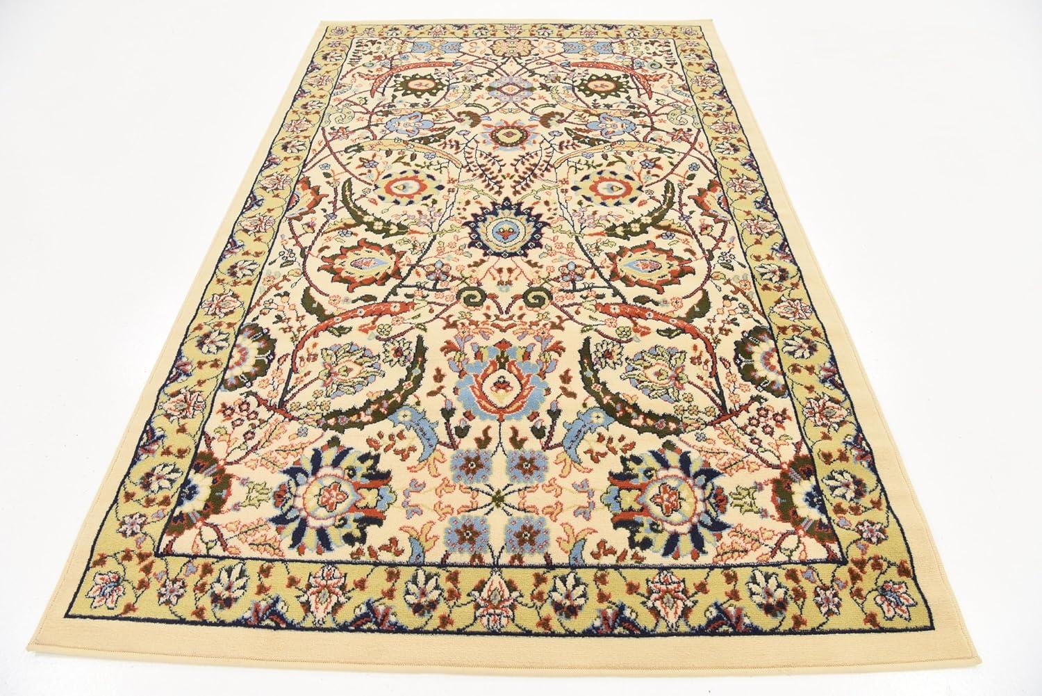 Ivory and Multicolor Rectangular Synthetic Area Rug