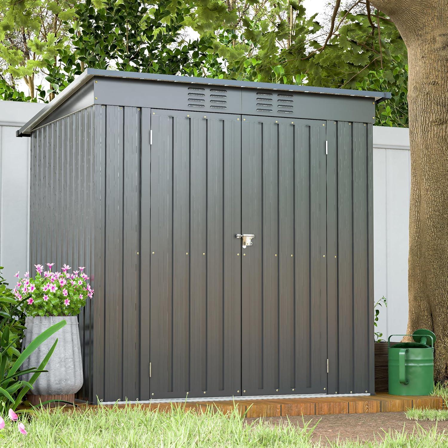 6x4 FT Backyard Garden Tools Storage Shed,Black Aluminium Frame Storage Shed,Metal Outdoor Storage Shed with Lockable Door and Floor Frame-Coolbibila