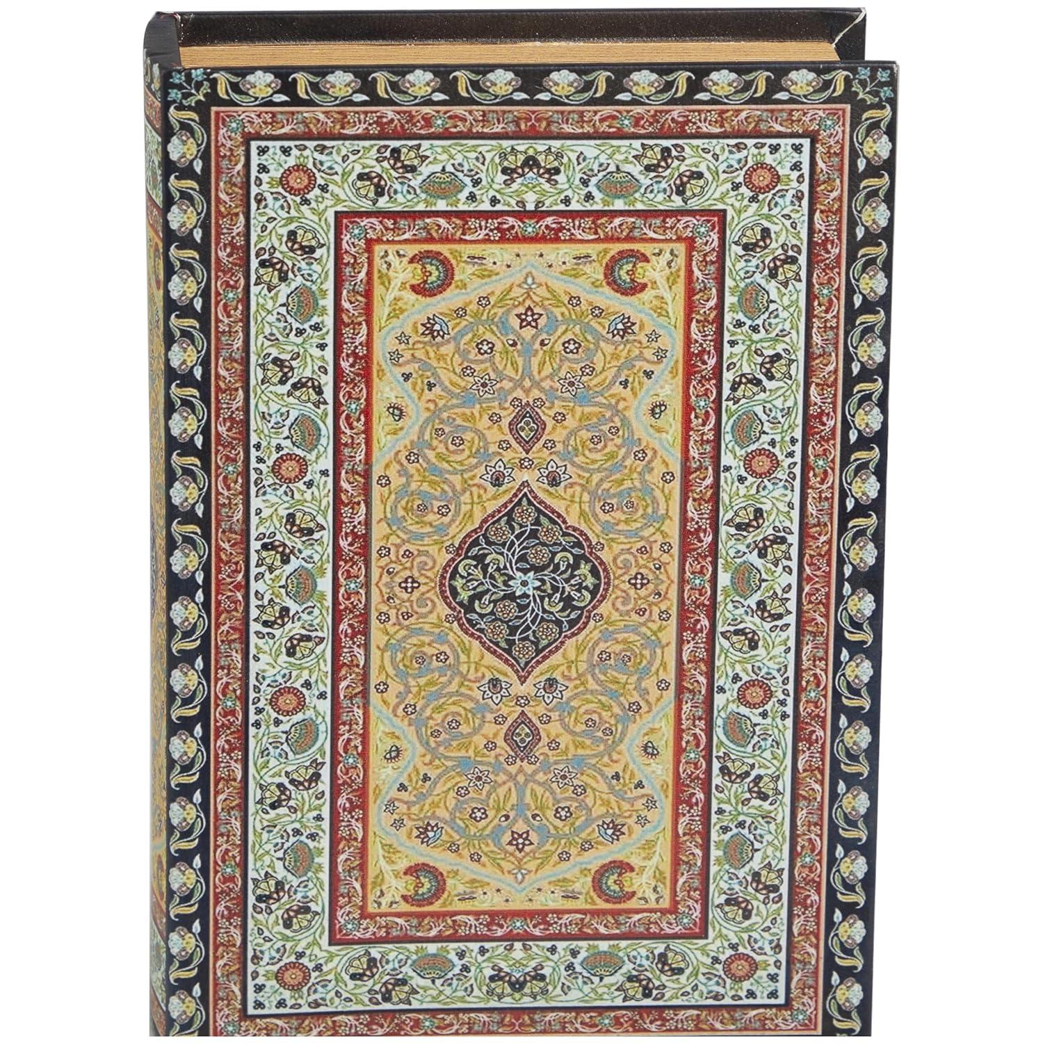 Deco 79 Canvas Decorative Box Storage Book Book Shaped Boxes with Arabesque Pattern and Gold Page Inspired Detail, Set of 3 Decorative Keepsake Boxes 12, 10, 8" H, Multi Colored