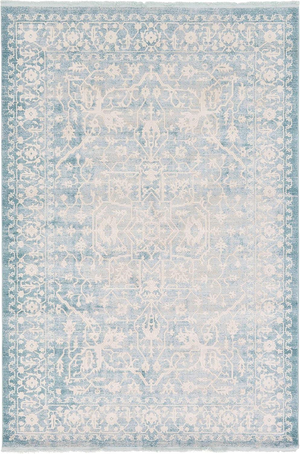 Elegant Light Blue and Ivory Abstract Indoor Area Rug, 7' x 10'