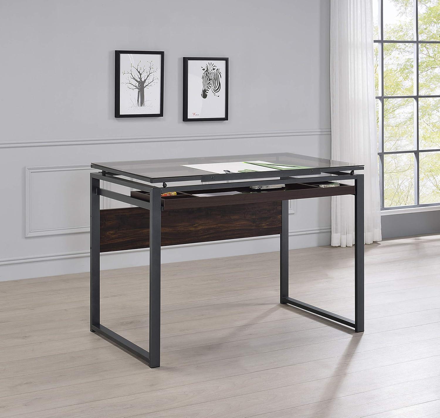 Pantano Glass Top Drafting Desk with Organizer Drawer Gunmetal - Coaster