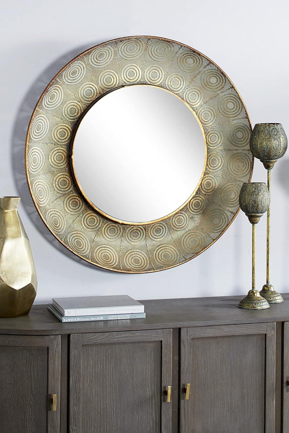 Decmode Pierced Gold Metal Large, Round Wall Mirror with Eclectic Circle Designs, 36” x 36”