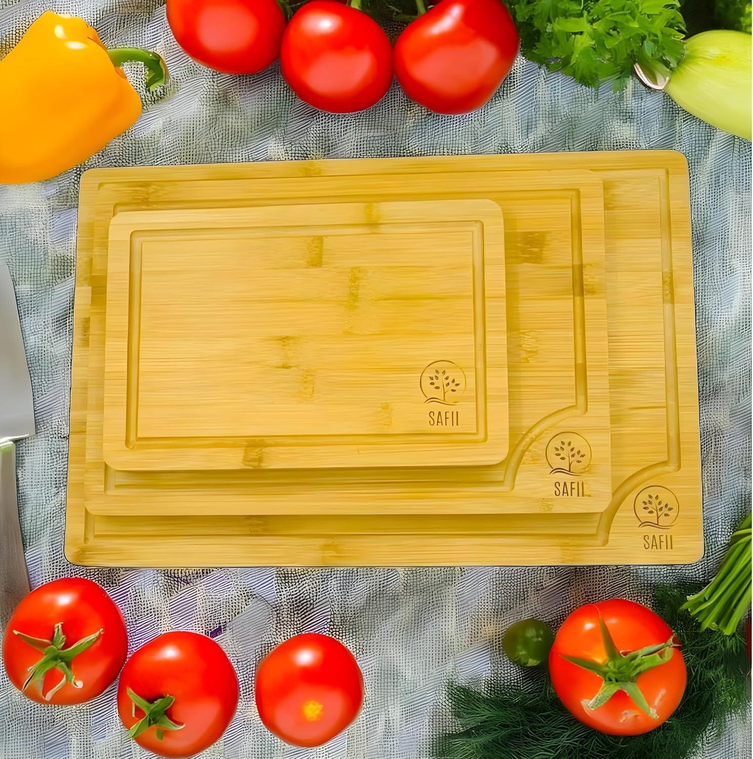 Bamboo Cutting Board Set of 3 with Side Trays - Wood Cutting Boards For Kitchen for Meat, Cheese, Fruits & Vegetables by Royal Craft Wood