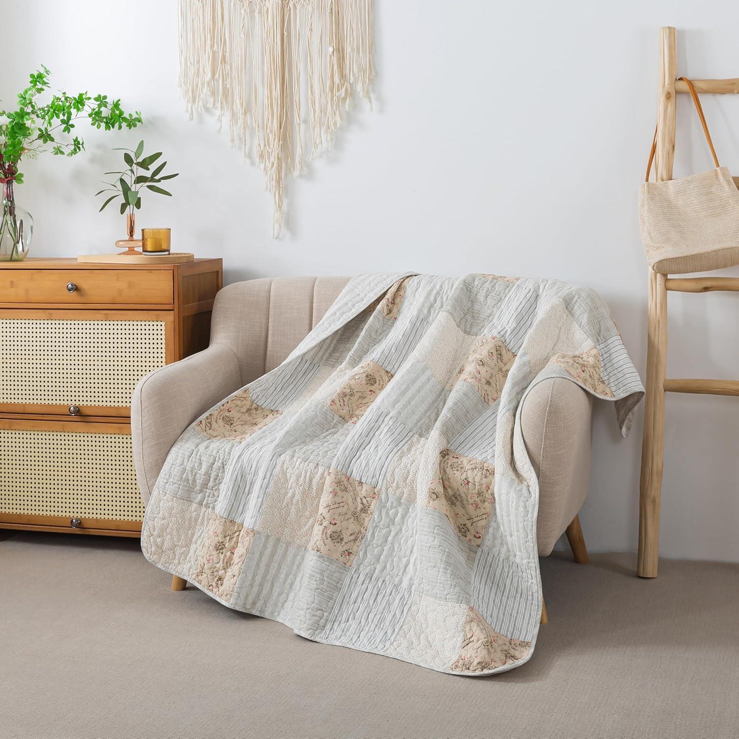 Neutral Tan and Cream Cotton Patchwork Quilted Throw Blanket