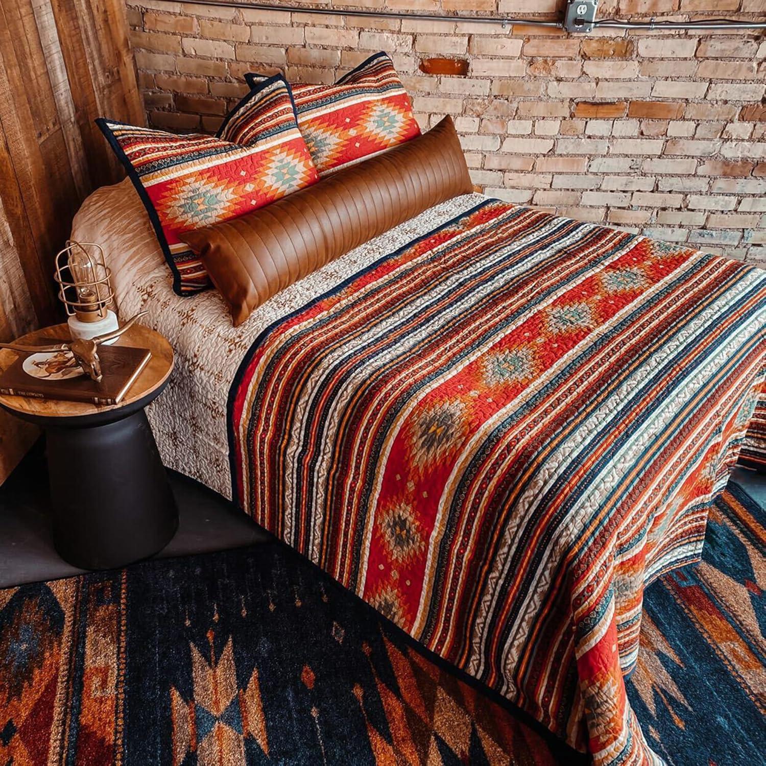 Paseo Road by HiEnd Accents Del Sol Red/Orange/Tan Aztec Print Cotton Southwestern Style Reversible Quilt Set