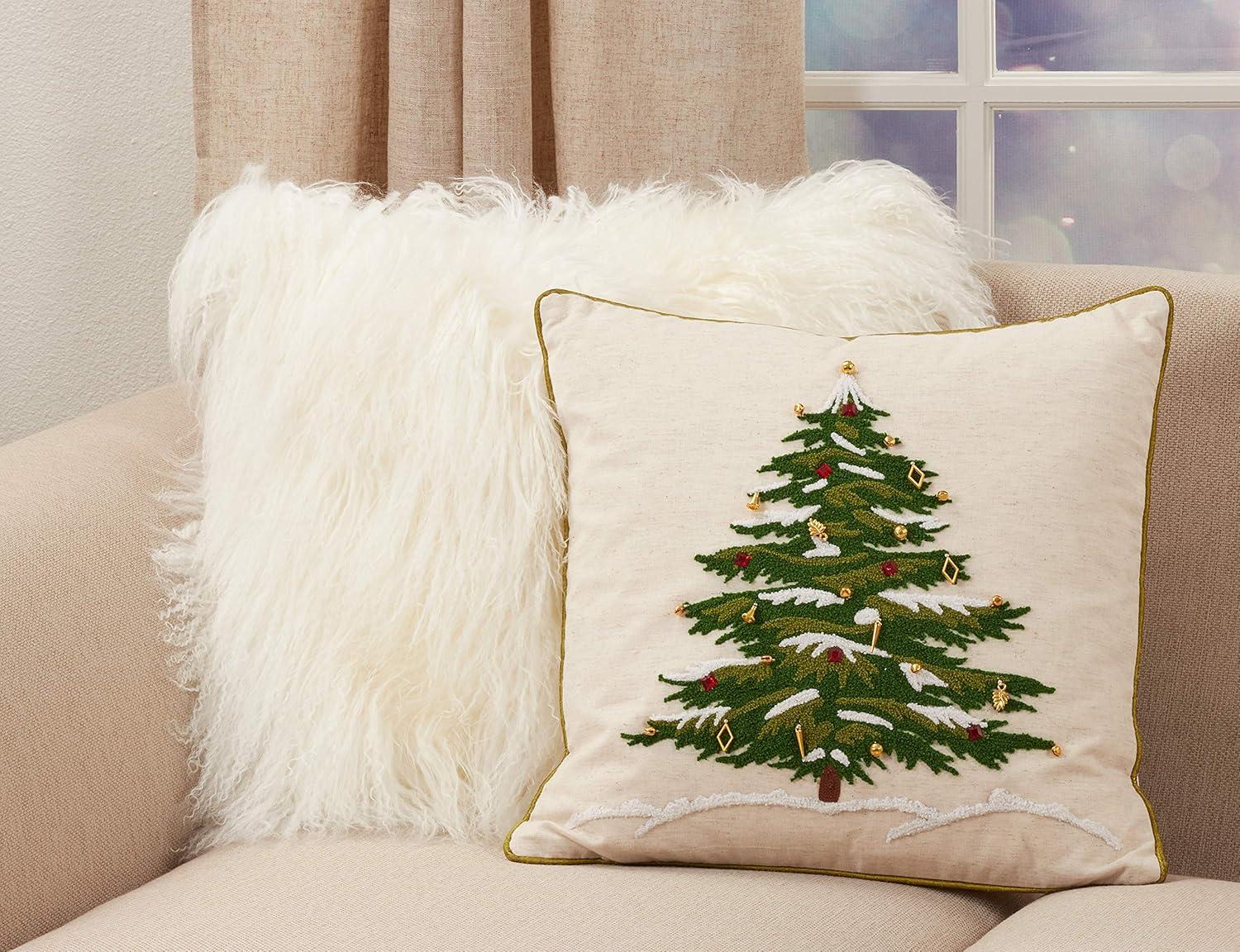 SARO  18 in. Square Natural Embroidered Christmas Tree Pillow Cover