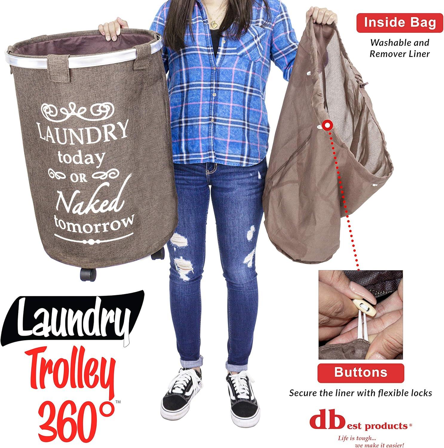 Brown Collapsible Round Laundry Hamper with Wheels and Faux Burlap
