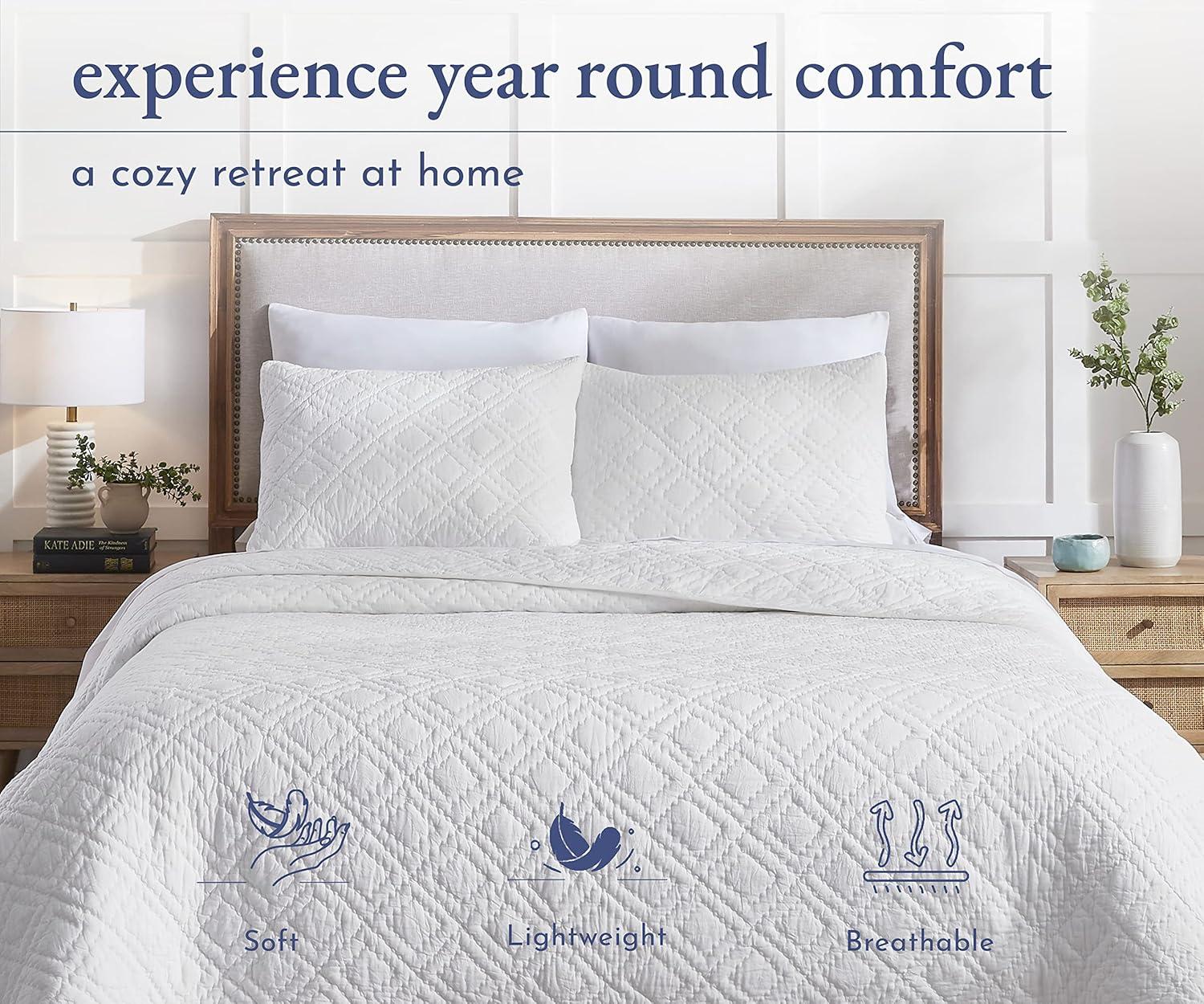 Luxury 100% Cotton Quilt Set, Hand-Quilted, Pre-Softened, Diamond Pattern by California Design Den - White, King