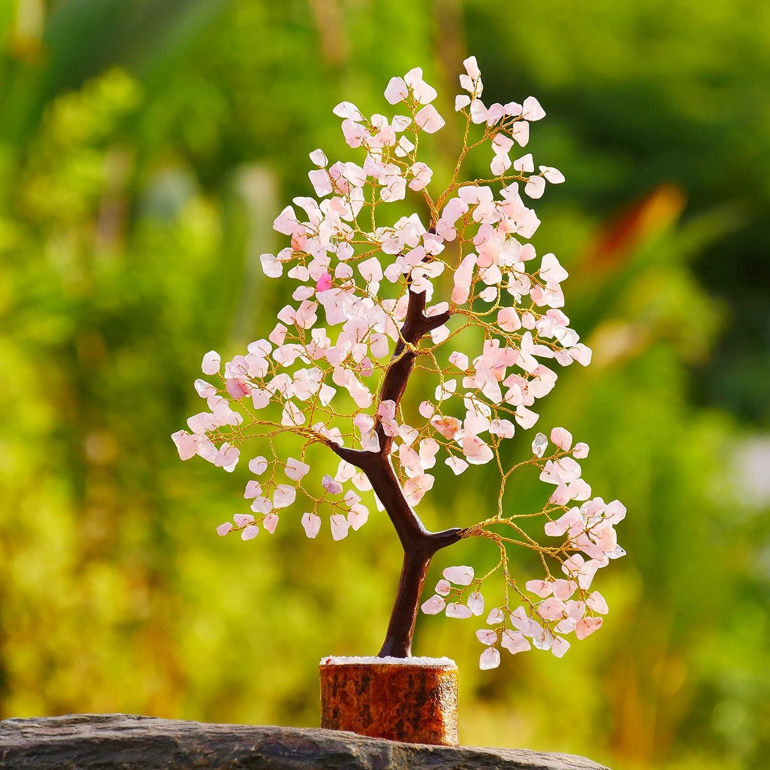 Rose Quartz Gemstone Tree - Crystal for Positive Energy, Handmade Chakra Tree, Feng Shui Figurine Money Bonsai, Good Luck Reiki Healing Crystals, Decoration Ornament Sculpture Prosperity Gift