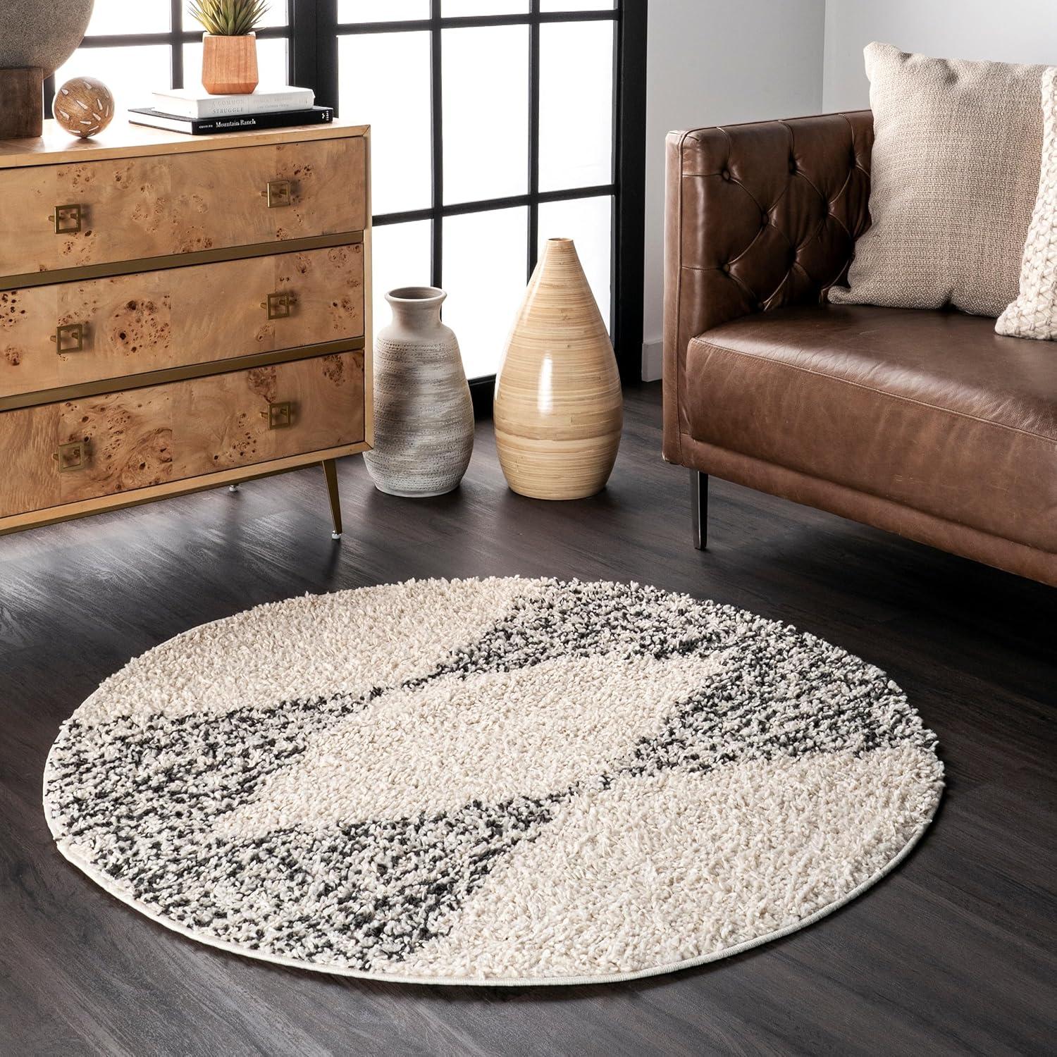 Off-White and Charcoal Round Braided Shag Rug, 4ft