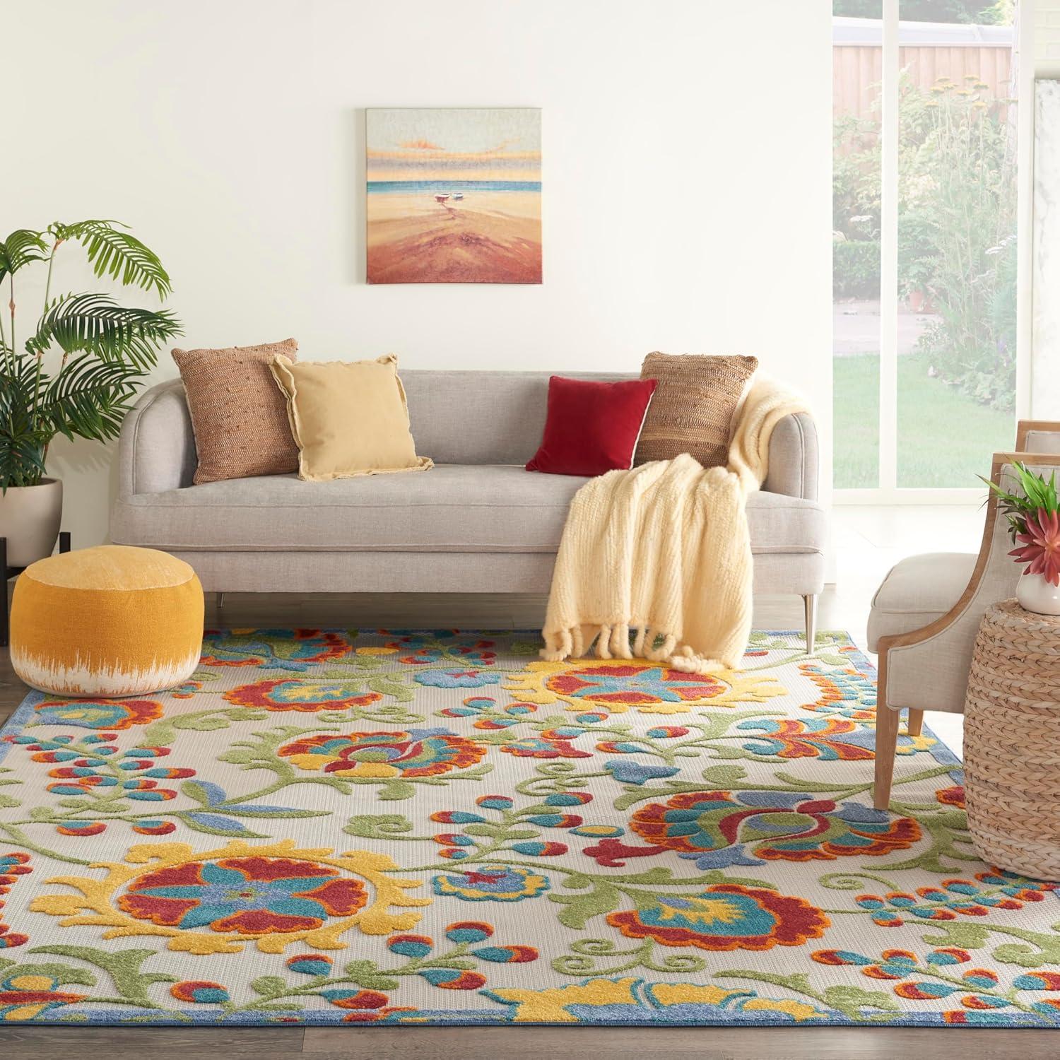 Nourison Aloha Floral Textured Flatweave High-Low Indoor Outdoor Area Rug Ivory/Multi 12' x 15'