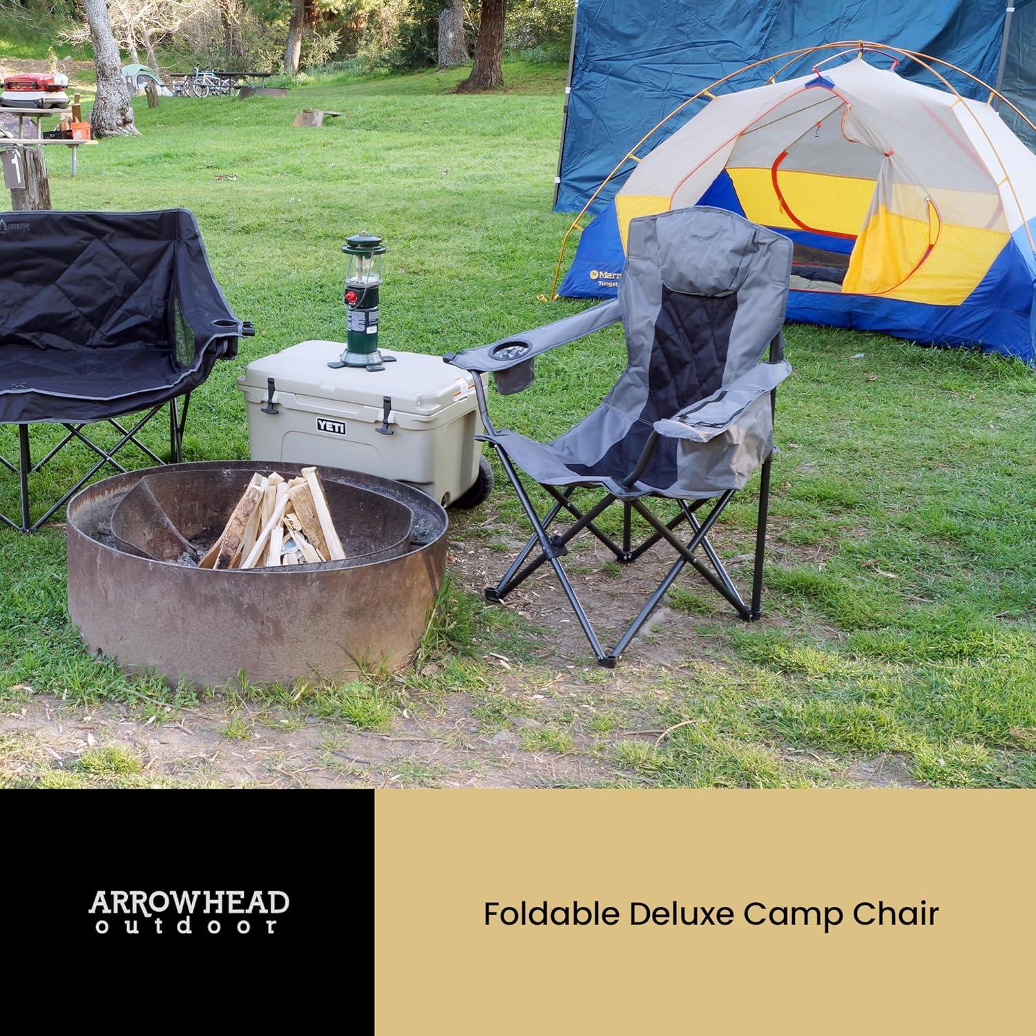 ARROWHEAD OUTDOOR Folding Camping Quad Chair w/ 6-Can Cooler, Cup & Wine Glass Holders, w/ Carrying Bag, Gray