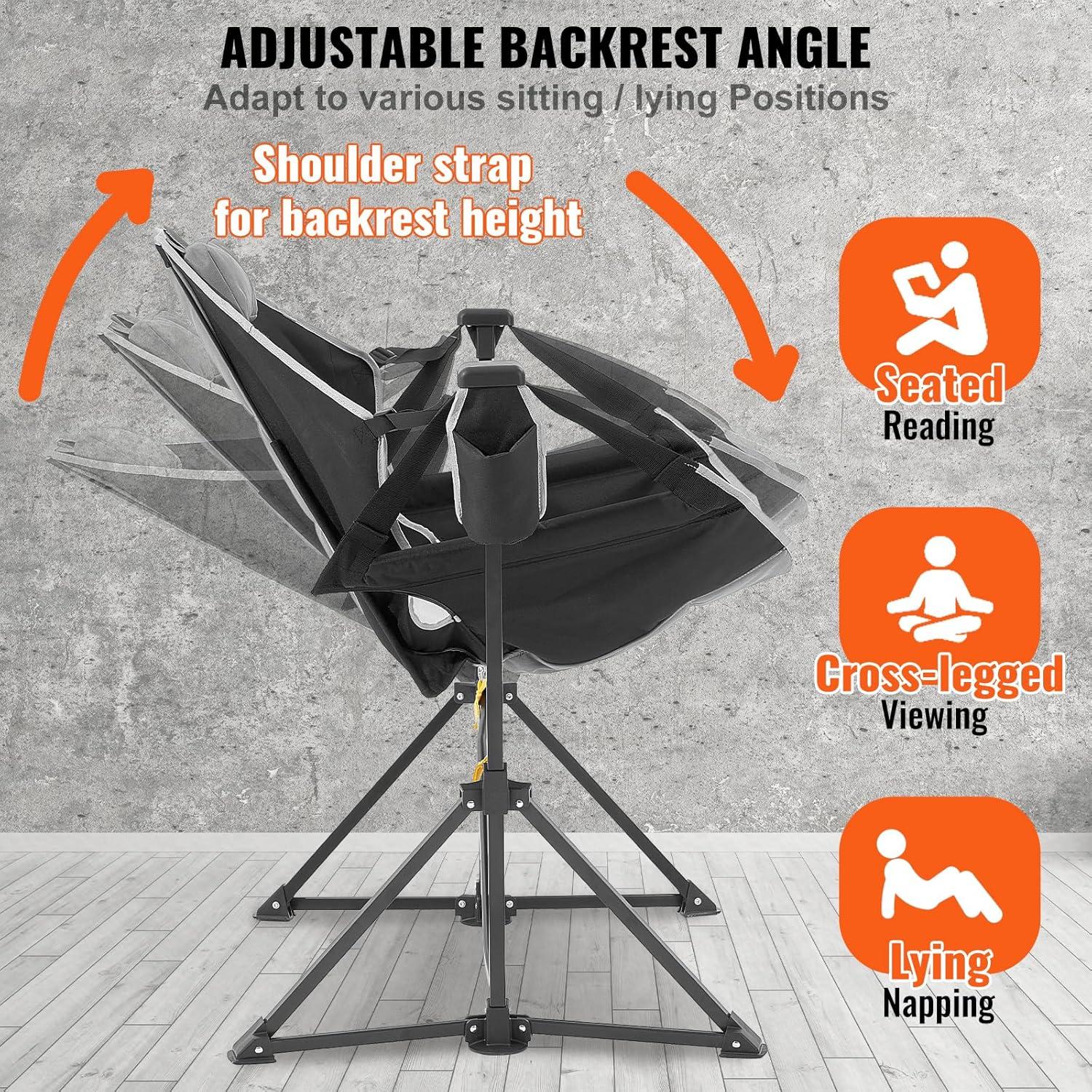 VEVOR Reclining Camping Chair, 300 lbs Load Camping Hammock Chair, Rocking Lounge Folding Chair with Cup Holder Storage Bag Headrest & Adjustable Backrest, for Camping and Other Outdoor Activities