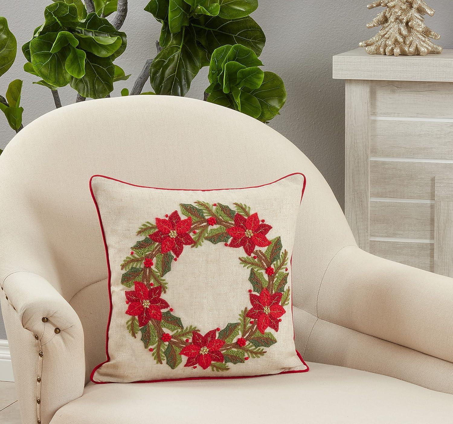 Saro Lifestyle Poinsettia Wreath Pillow - Poly Filled, 16" Square, Multi