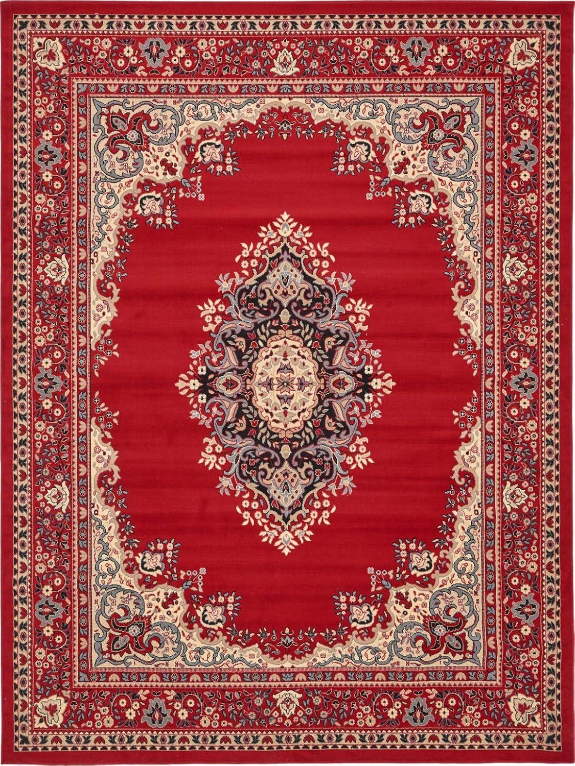 Elegant Medallion 9' x 12' Synthetic Area Rug in Red, Black, and Cream