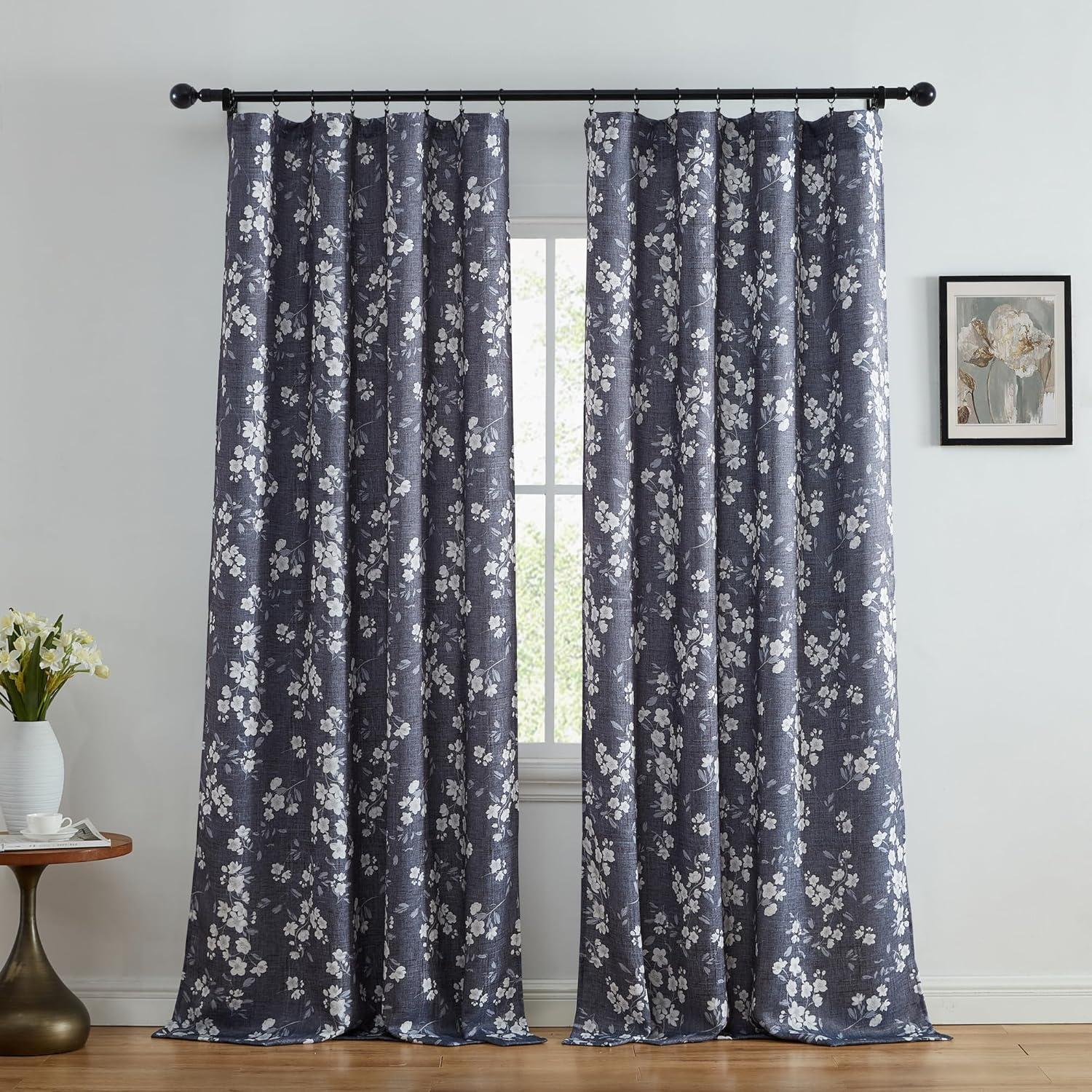 Charcoal Grey Floral Room-Darkening Polyester Curtains, 52 W x 84 L