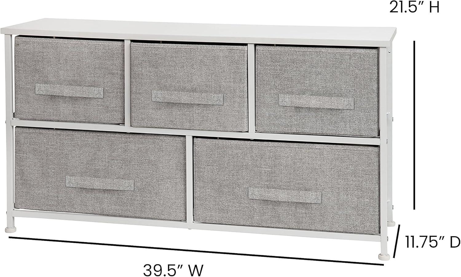 Flash Furniture 5 Drawer Wood Top White Cast Iron Frame Vertical Storage Dresser with Light Gray Easy Pull Fabric Drawers