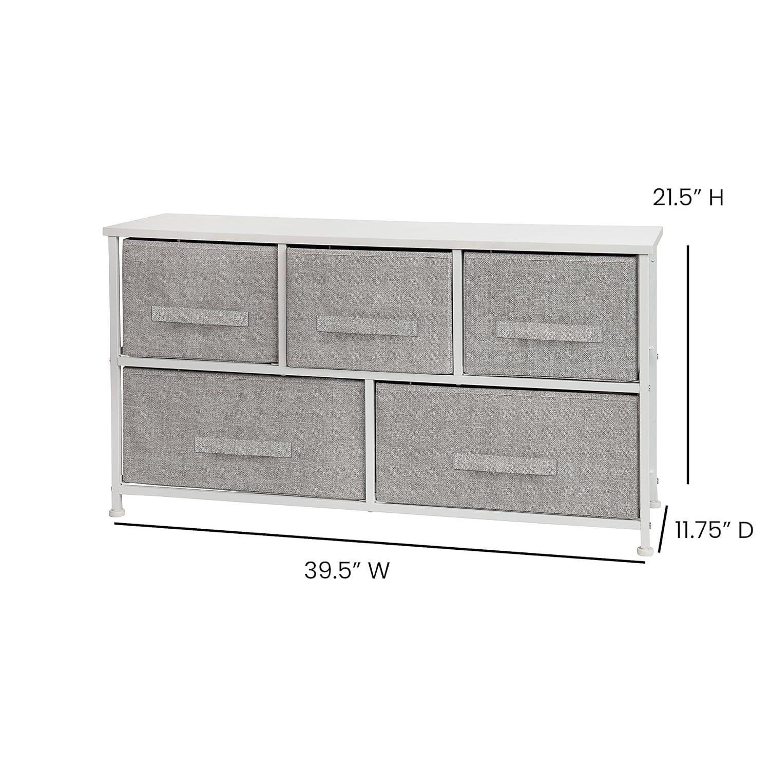 Flash Furniture 5 Drawer Wood Top White Cast Iron Frame Vertical Storage Dresser with Light Gray Easy Pull Fabric Drawers