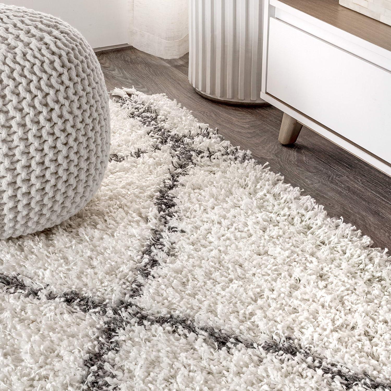 8'x10' Mercer Shag Plush Tassel Moroccan Geometric Trellis Area Rug, Cream/Grey - JONATHAN Y