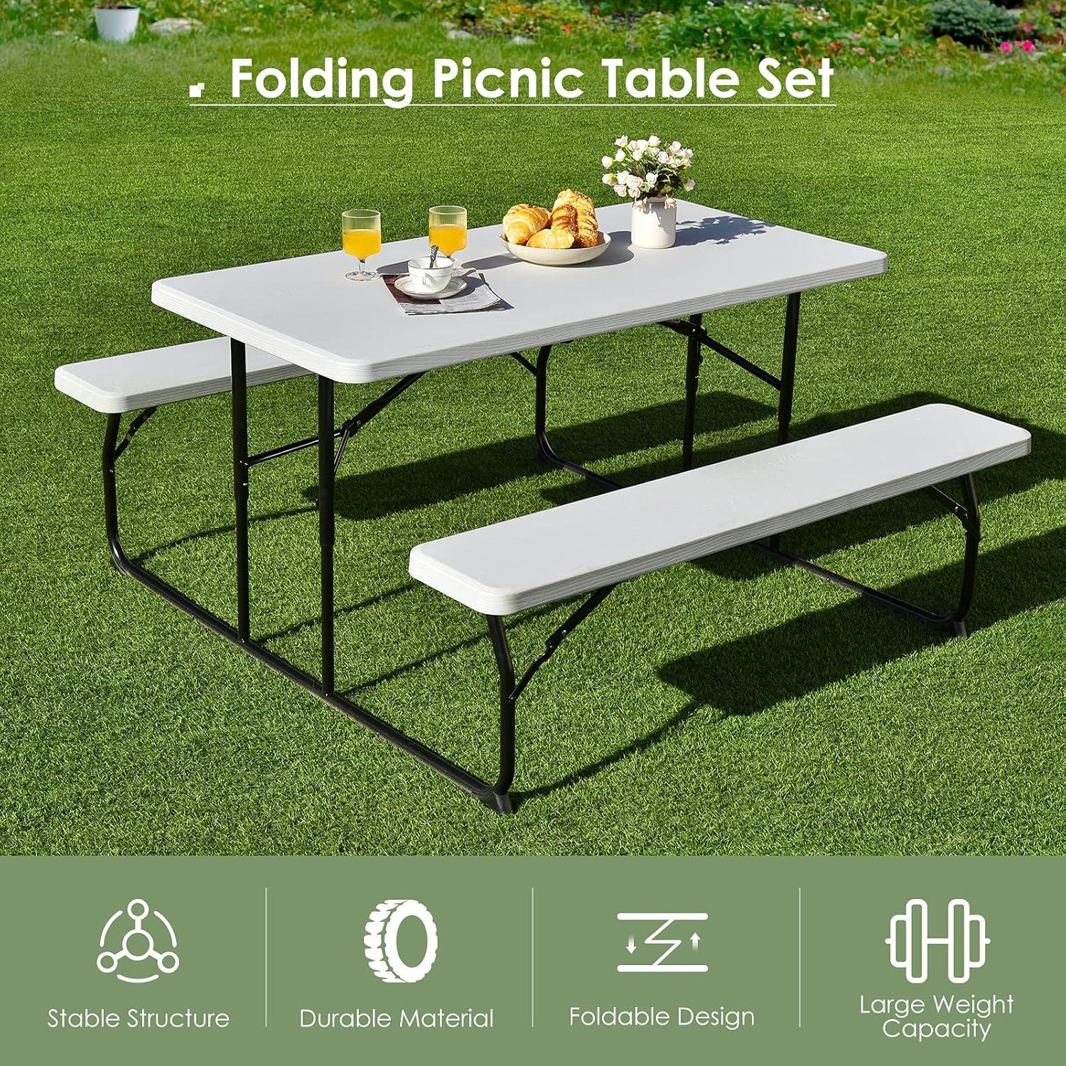 White Plastic Folding Picnic Table Bench Set with Wood-Like Texture