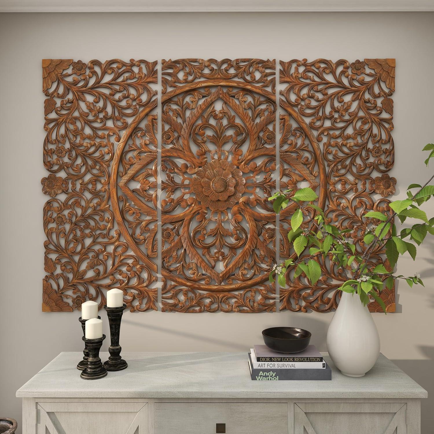 DecMode Brown Wooden Handmade Intricately Carved Floral Wall Decor (3 Count)