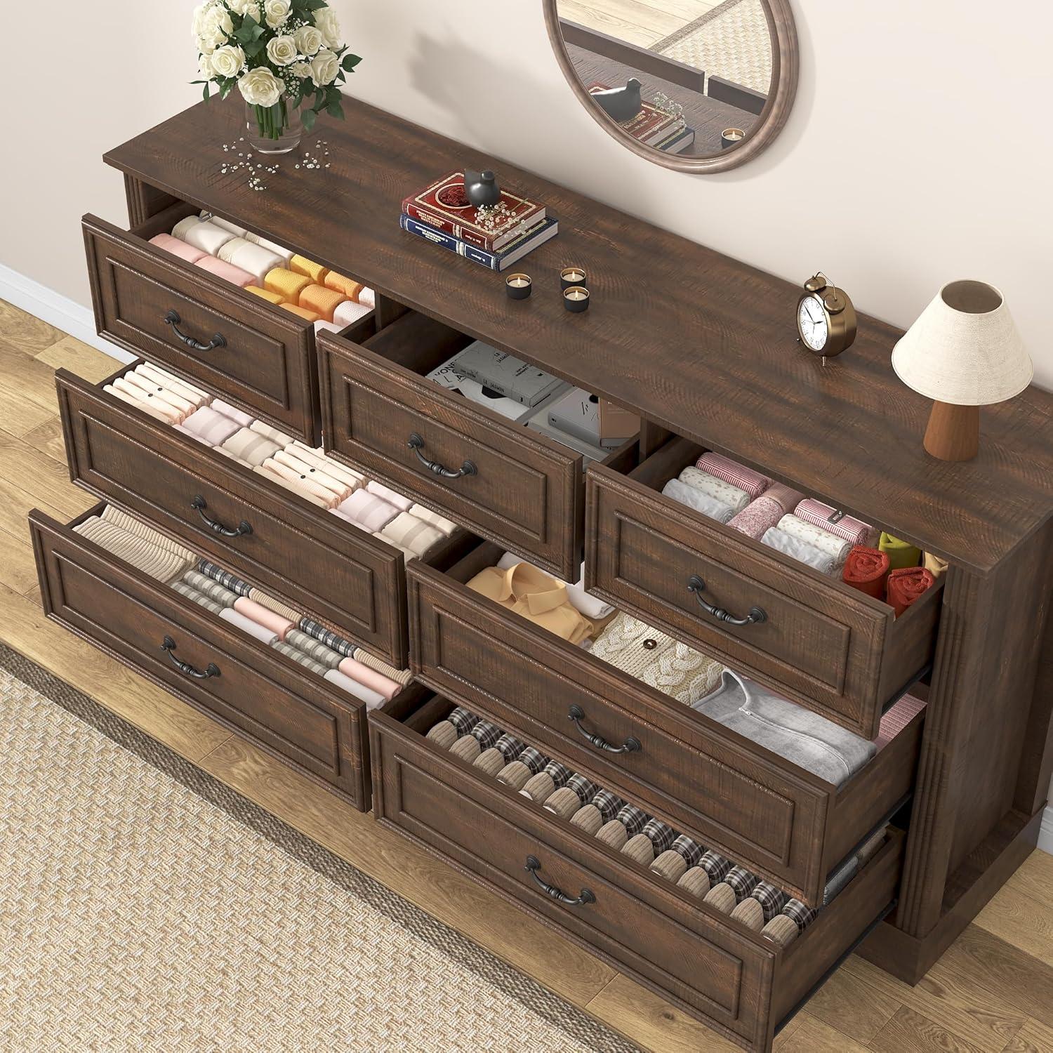 Charlton Home® 59" Farmhouse Dresser With 7 Spacious Drawers – Rustic Wooden Storage Cabinet For Bedroom, Living Room, Or Entryway