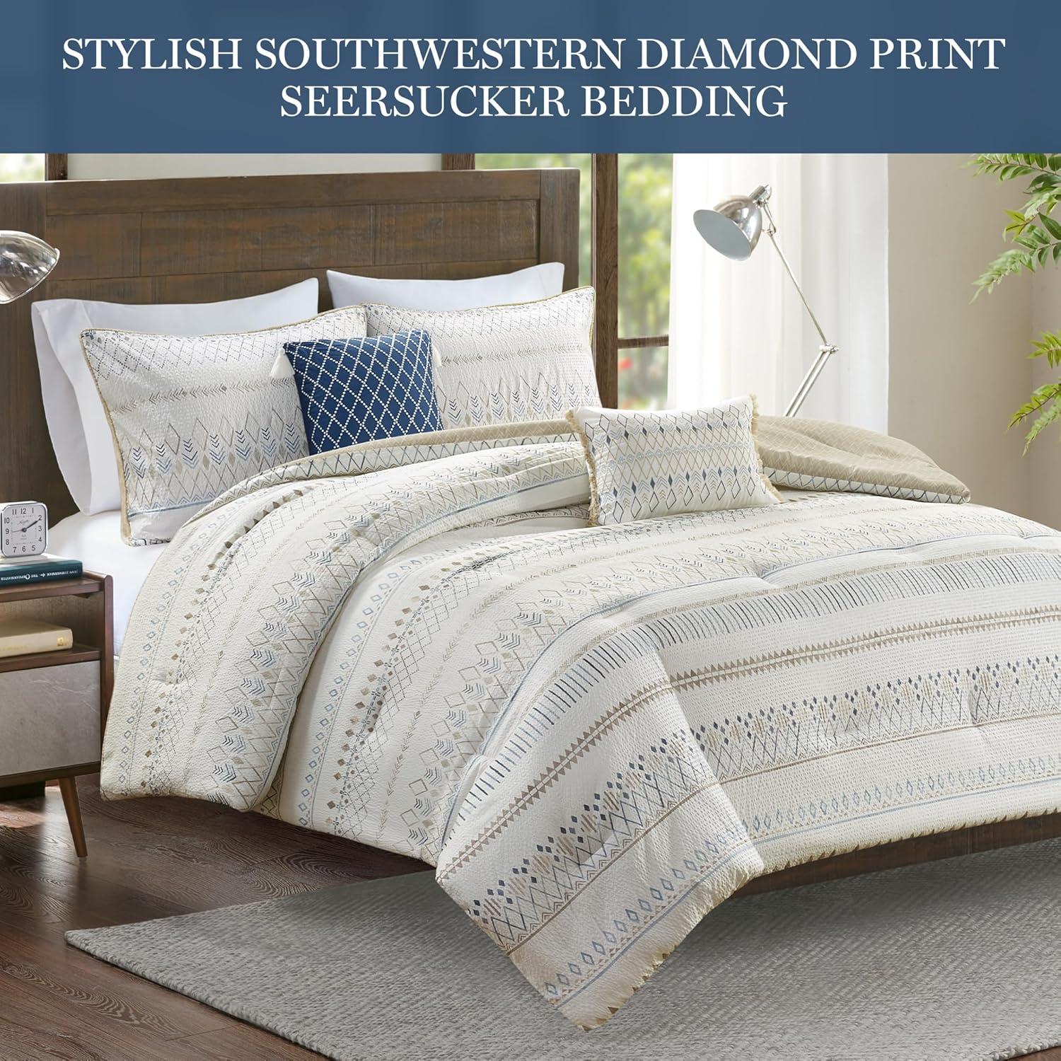 Madison Park Fraser 5 Piece Printed Seersucker Comforter Set with Throw Pillows