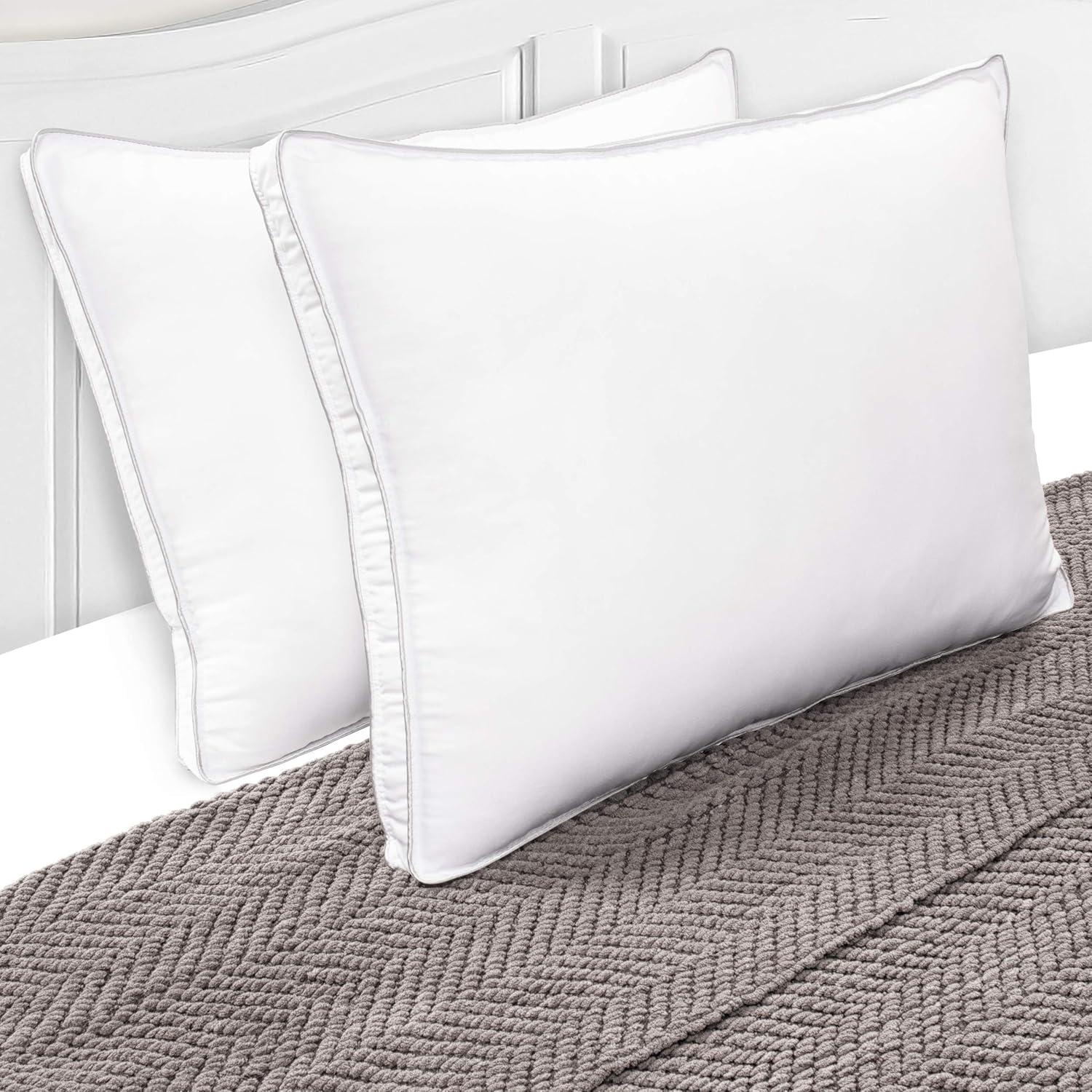 Hypoallergenic White Microfiber Bed Pillows with Gray Piping, Set of 2