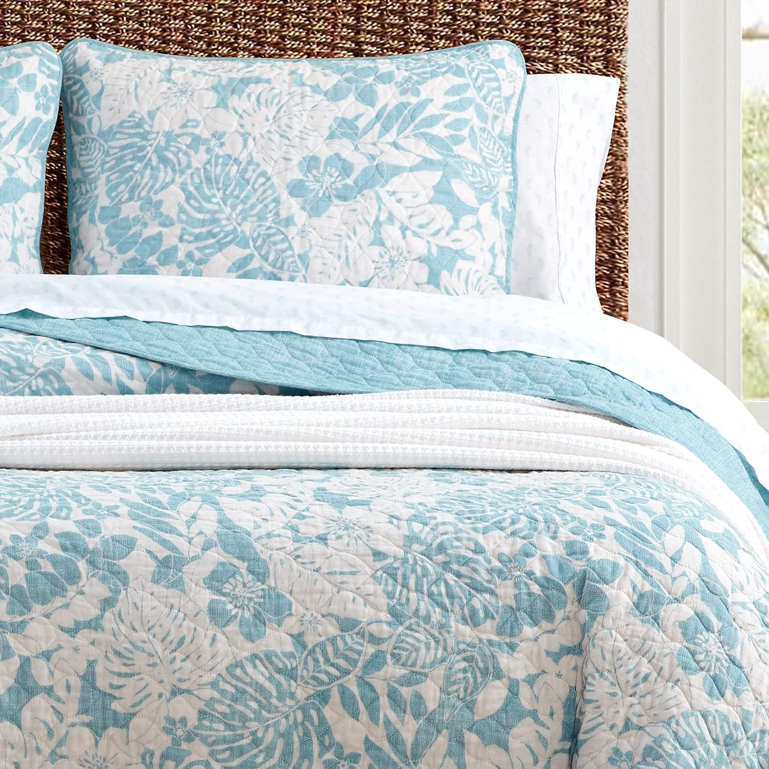 Tommy Bahama King Laguna Beach Quilt & Sham Set Turquoise: Reversible, Botanical Pattern, 3-Piece Set